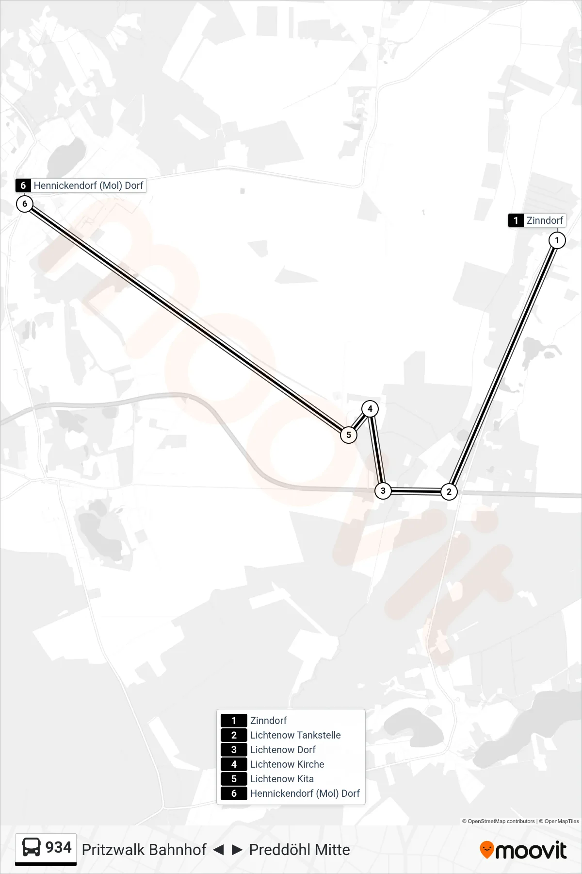 Linie 934 (Bus) Richtung Hennickendorf (Mol) Dorf: Route und Haltestellen auf der Karte