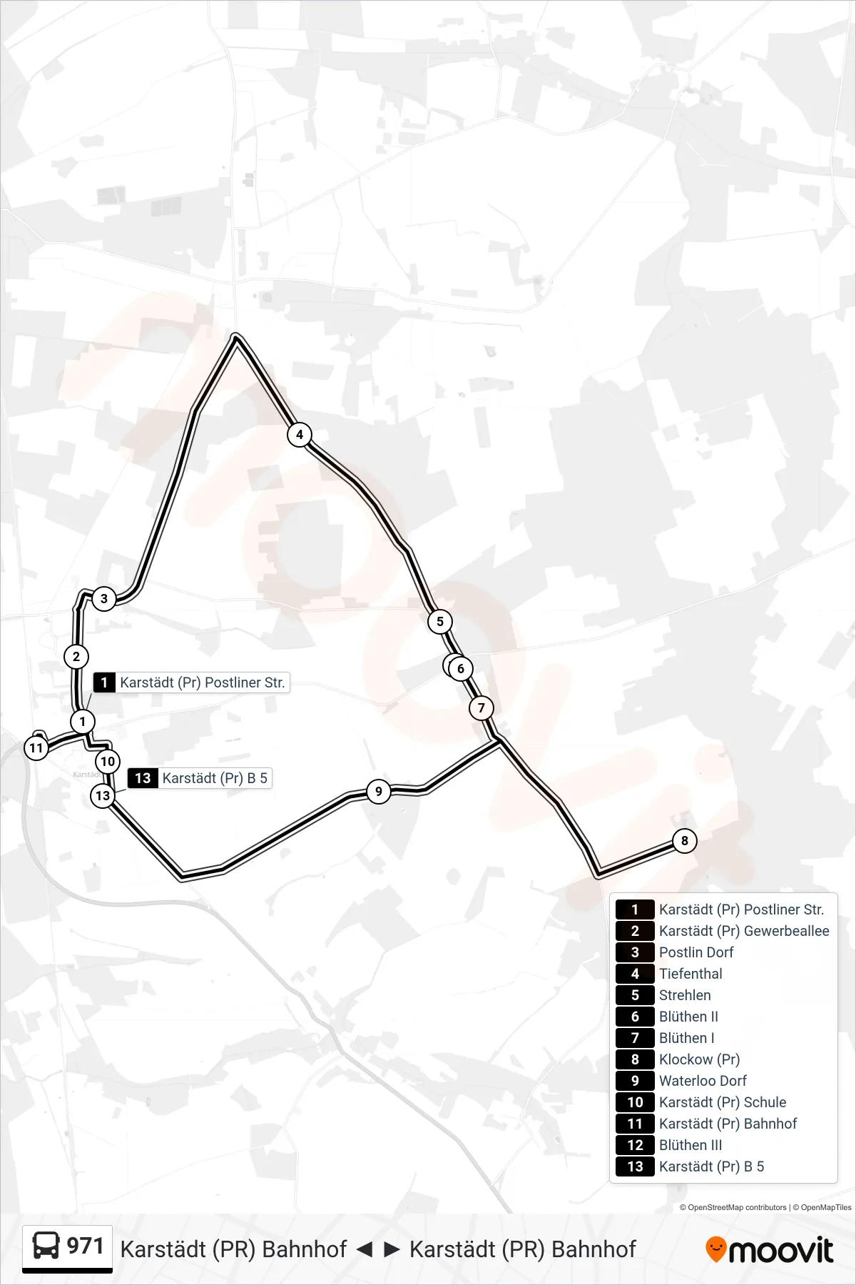 Linie 971 (Bus) Richtung Karstädt (Pr) Bahnhof: Route und Haltestellen auf der Karte