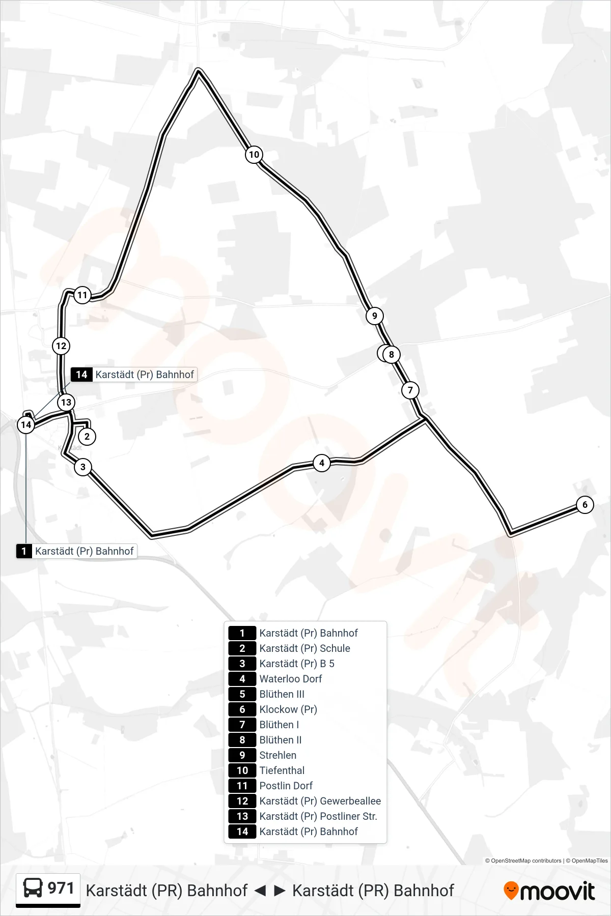 Linie 971 (Bus) Richtung Karstädt (Pr) Bahnhof: Route und Haltestellen auf der Karte