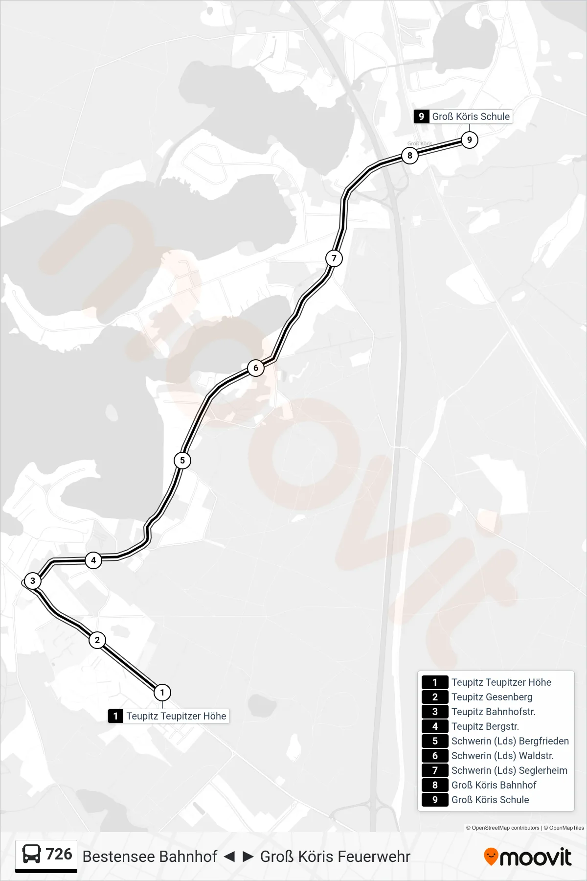 726 bus Line (Groß Köris Schule) route and stops on a map