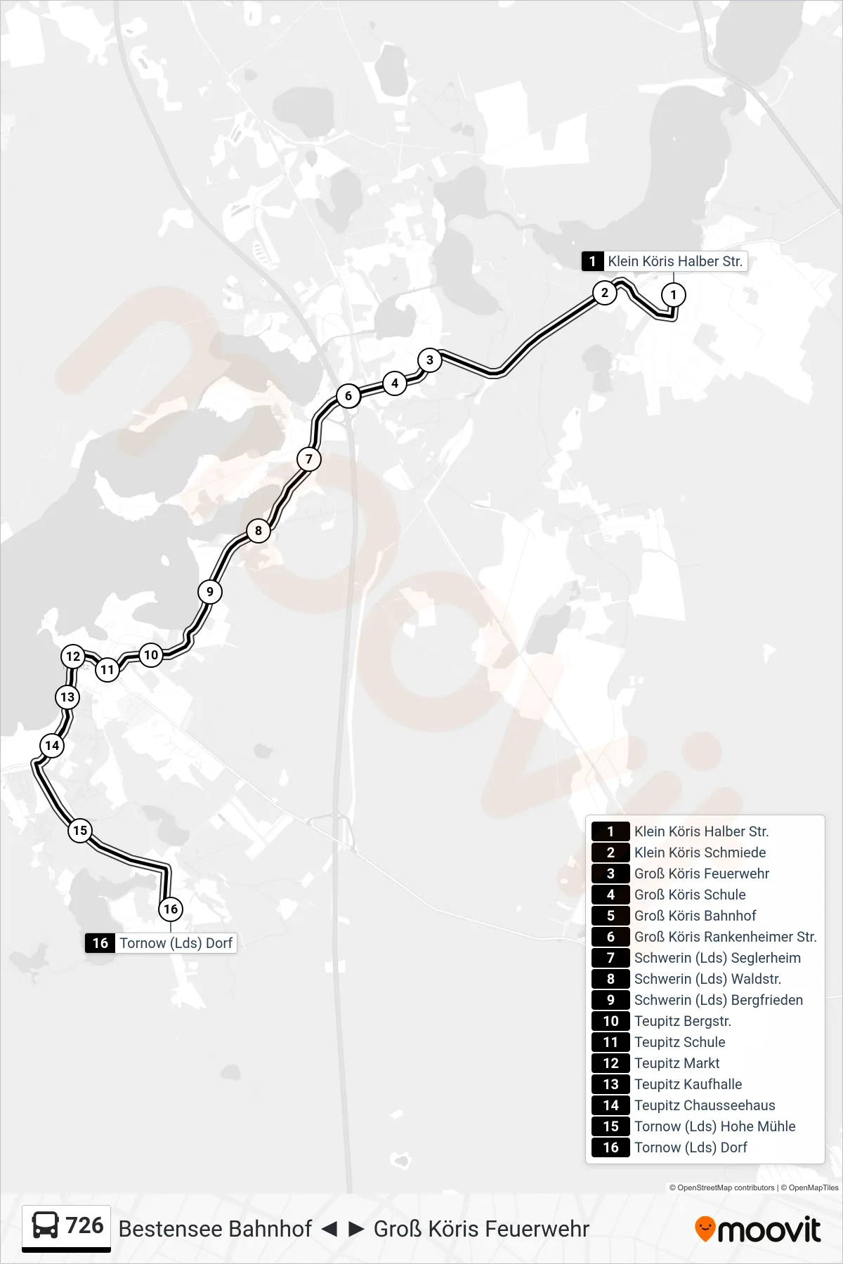 Linie 726 (Bus) Richtung Tornow (Lds) Dorf: Route und Haltestellen auf der Karte