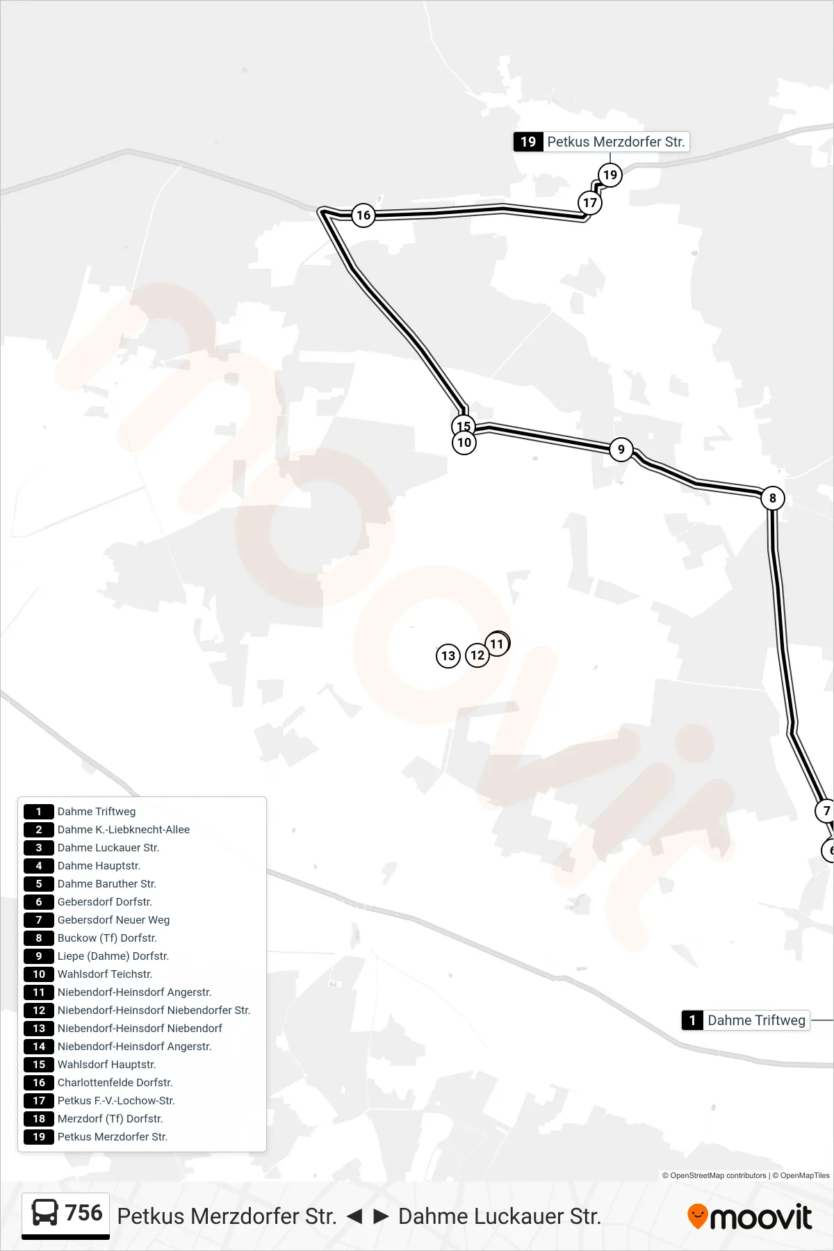 Linie 756 (Bus) Richtung Petkus Merzdorfer Str.: Route und Haltestellen auf der Karte