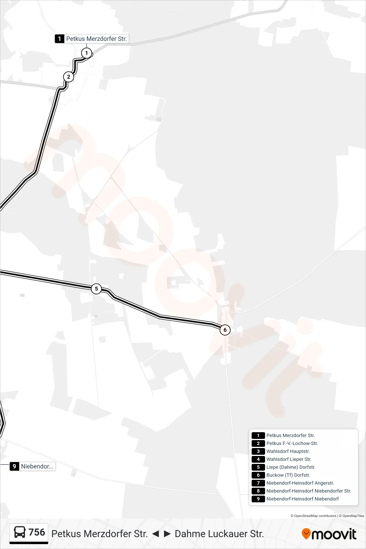 Linie 756 (Bus) Richtung Niebendorf-Heinsdorf Niebendorf: Route und Haltestellen auf der Karte