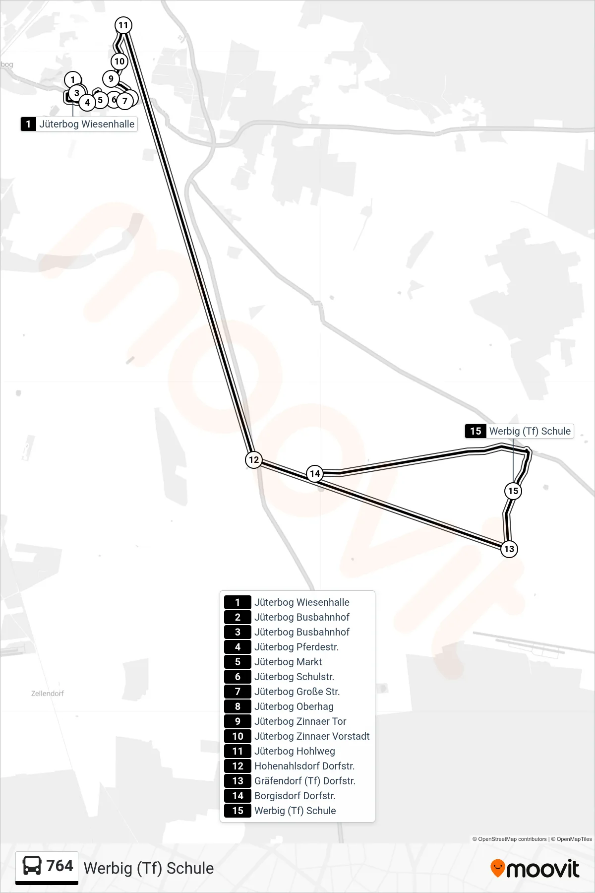 Linie 764 (Bus) Richtung Werbig (Tf) Schule: Route und Haltestellen auf der Karte