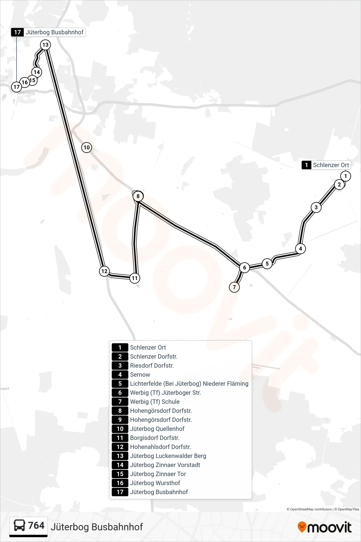 764 bus Line (Jüterbog Busbahnhof) route and stops on a map