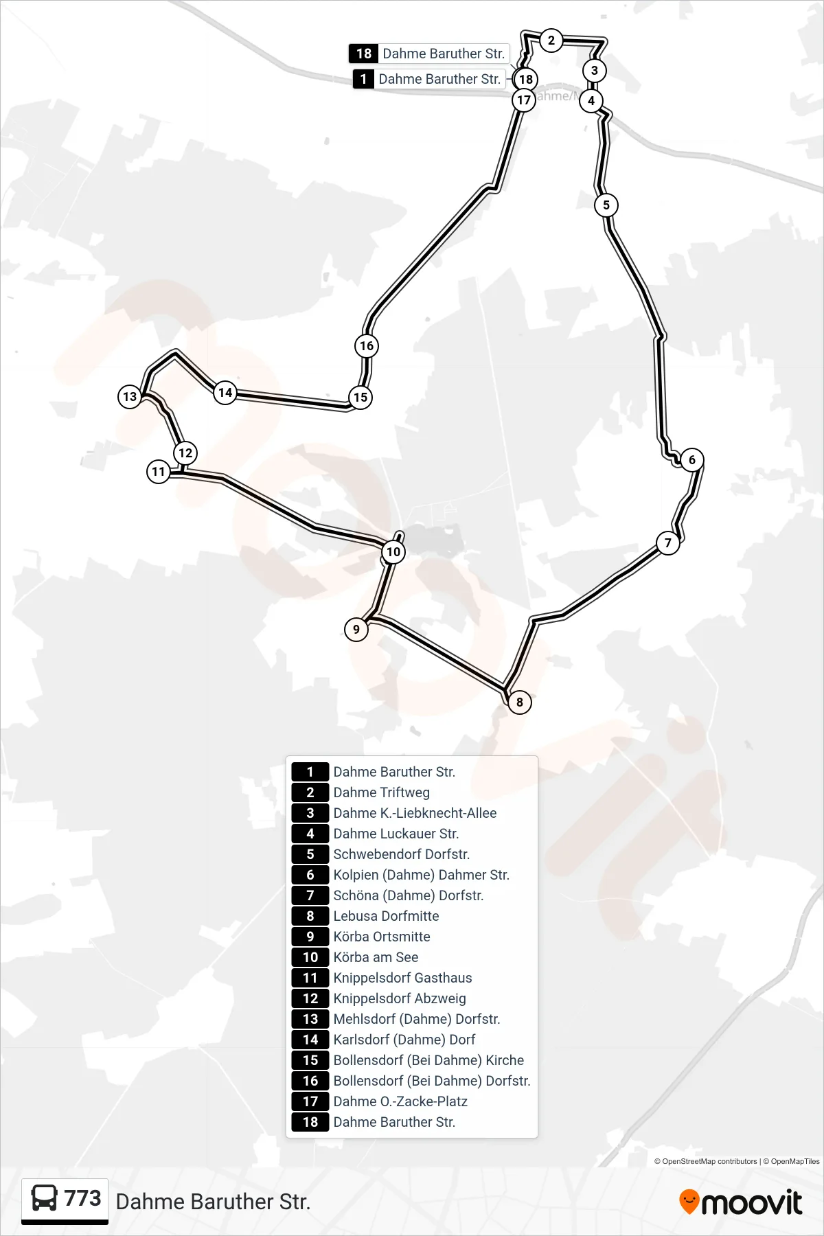 Linie 773 (Bus) Richtung Dahme Baruther Str.: Route und Haltestellen auf der Karte