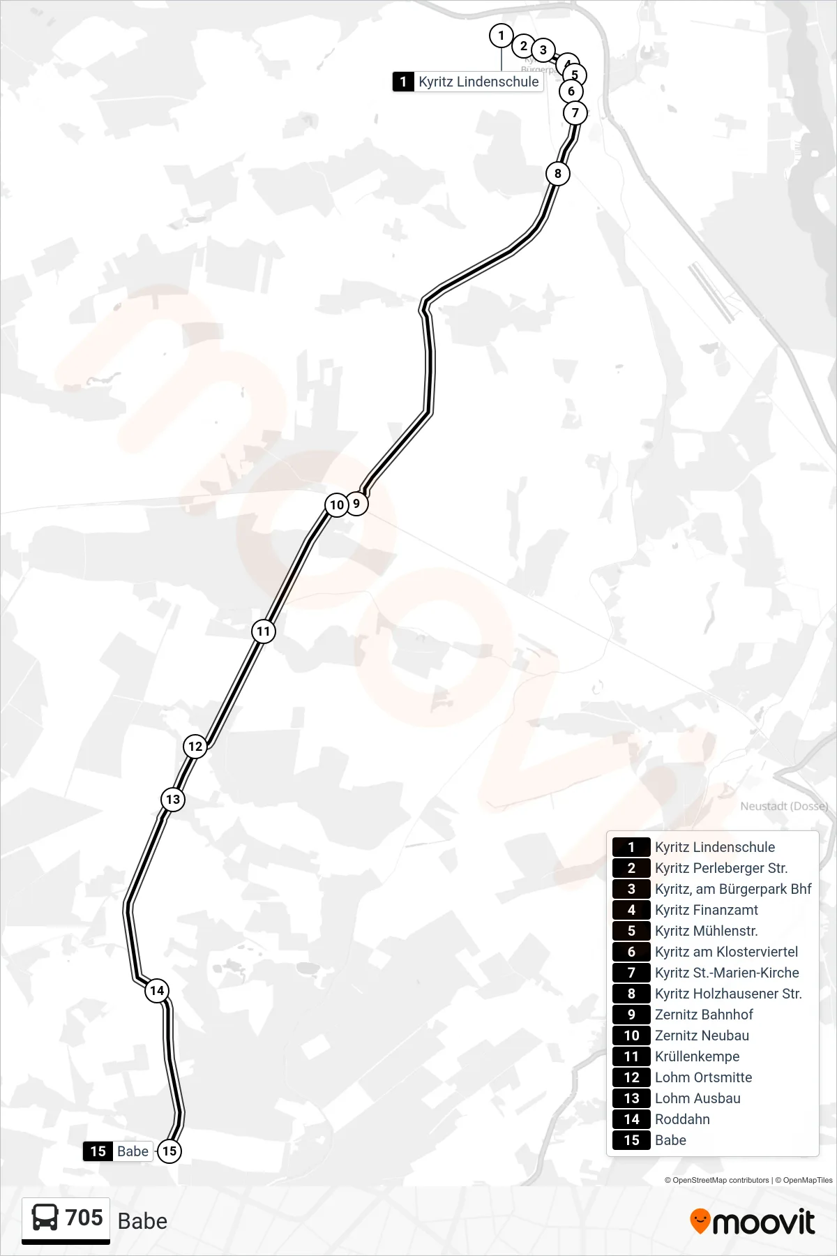 Linie 705 (Bus) Richtung Babe: Route und Haltestellen auf der Karte
