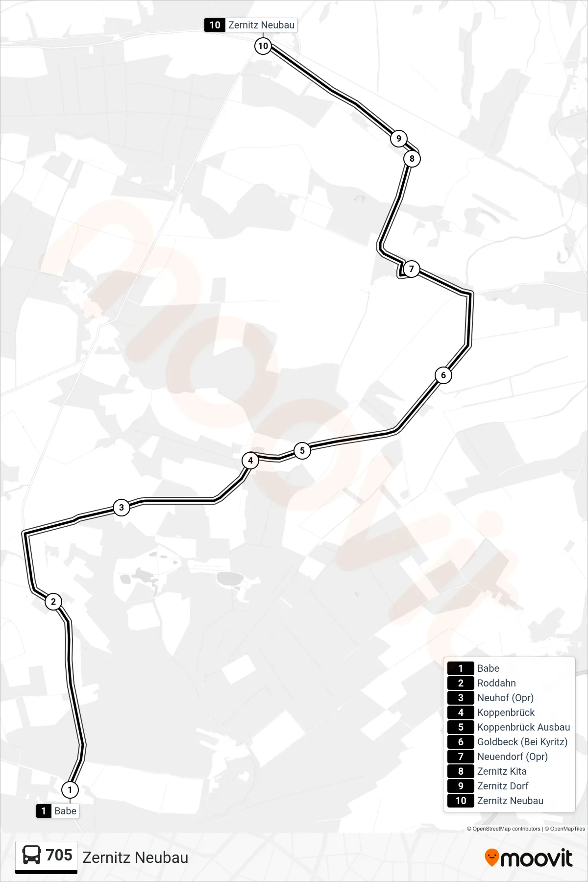Linie 705 (Bus) Richtung Zernitz Neubau: Route und Haltestellen auf der Karte