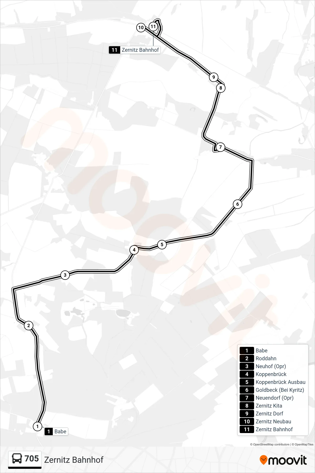 Linie 705 (Bus) Richtung Zernitz Bahnhof: Route und Haltestellen auf der Karte