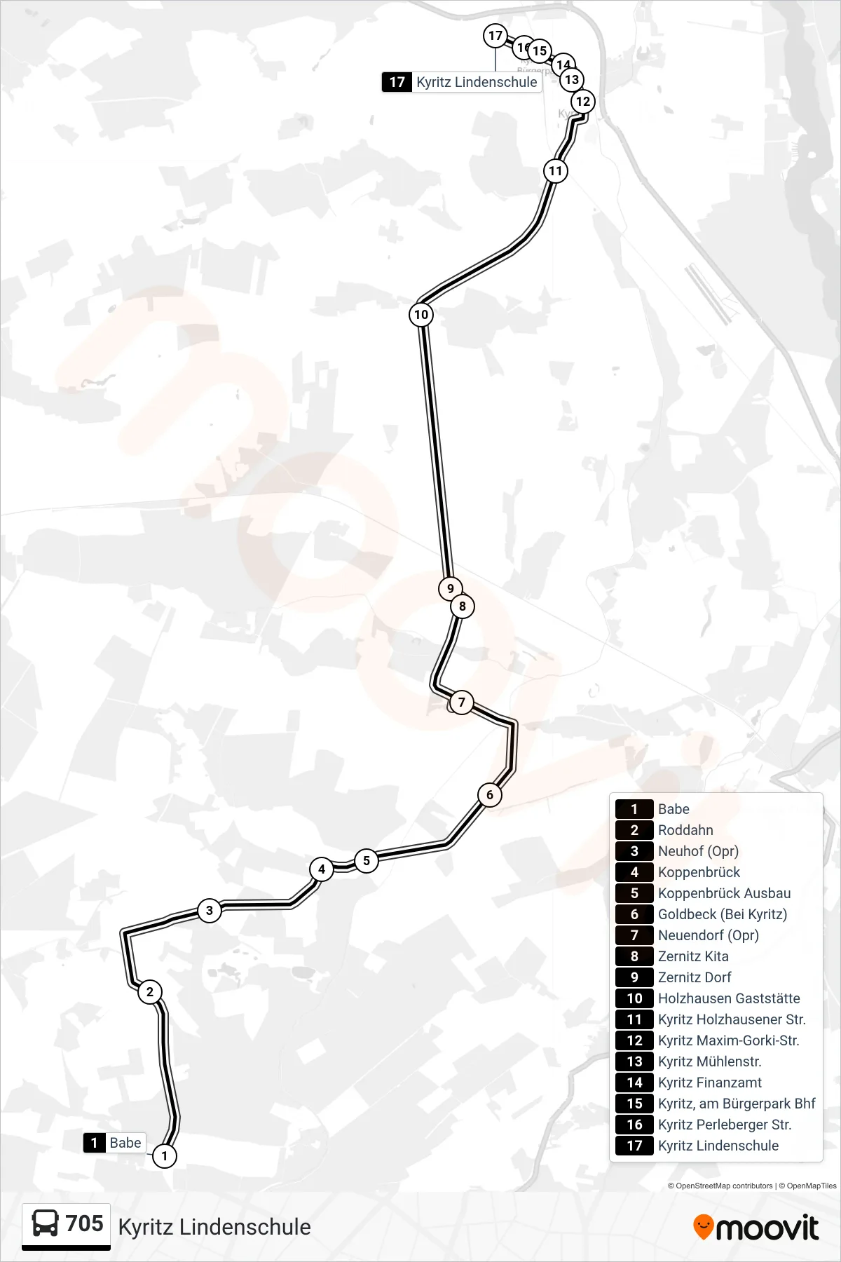 Linie 705 (Bus) Richtung Kyritz Lindenschule: Route und Haltestellen auf der Karte