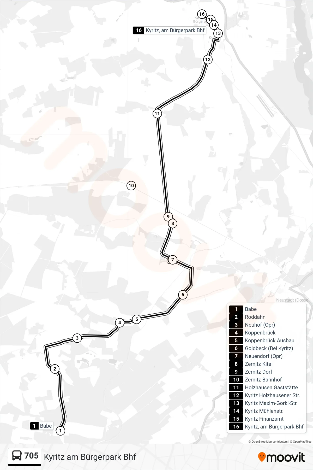 Linie 705 (Bus) Richtung Kyritz am Bürgerpark Bhf: Route und Haltestellen auf der Karte