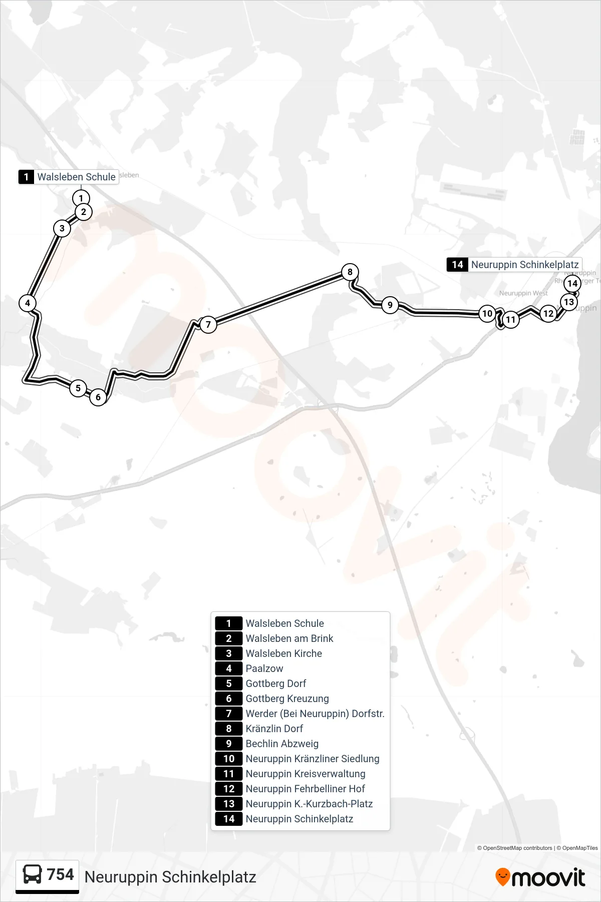 Linie 754 (Bus) Richtung Neuruppin Schinkelplatz: Route und Haltestellen auf der Karte