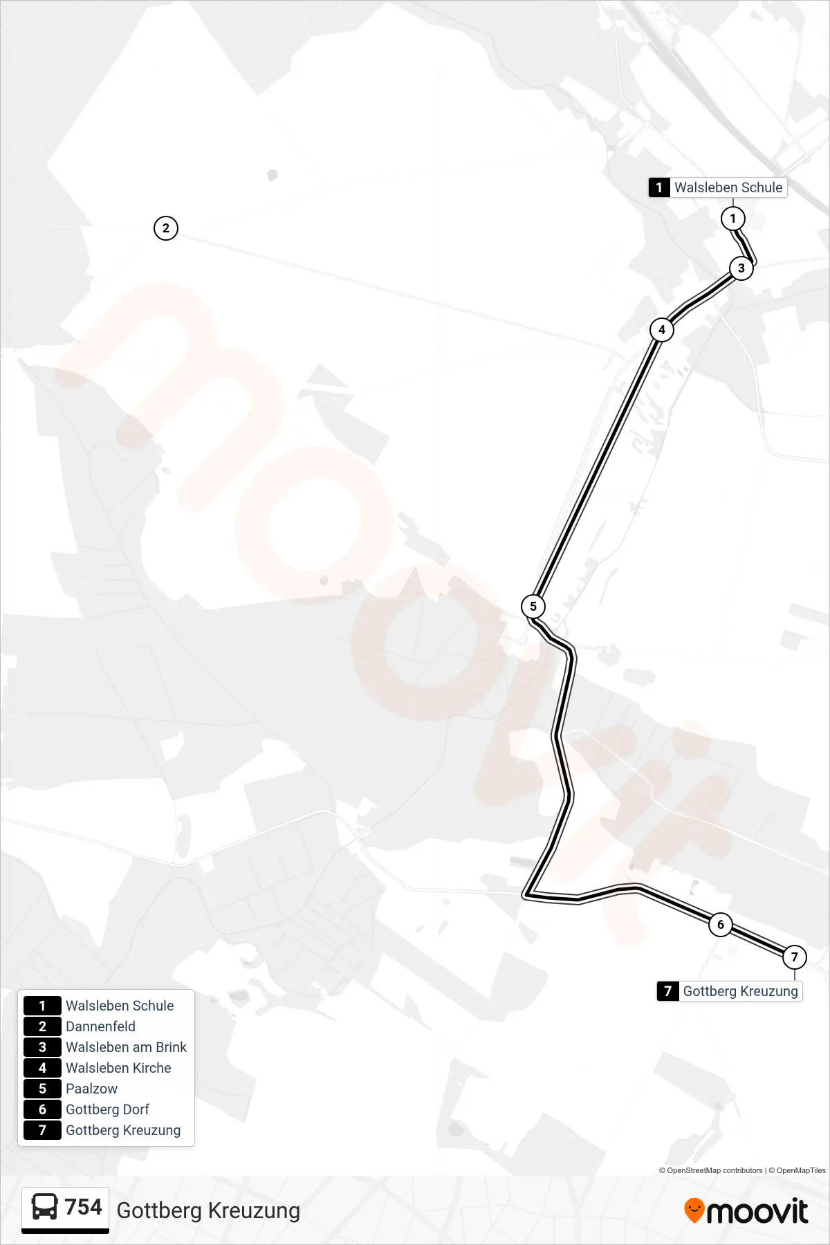 Linie 754 (Bus) Richtung Gottberg Kreuzung: Route und Haltestellen auf der Karte