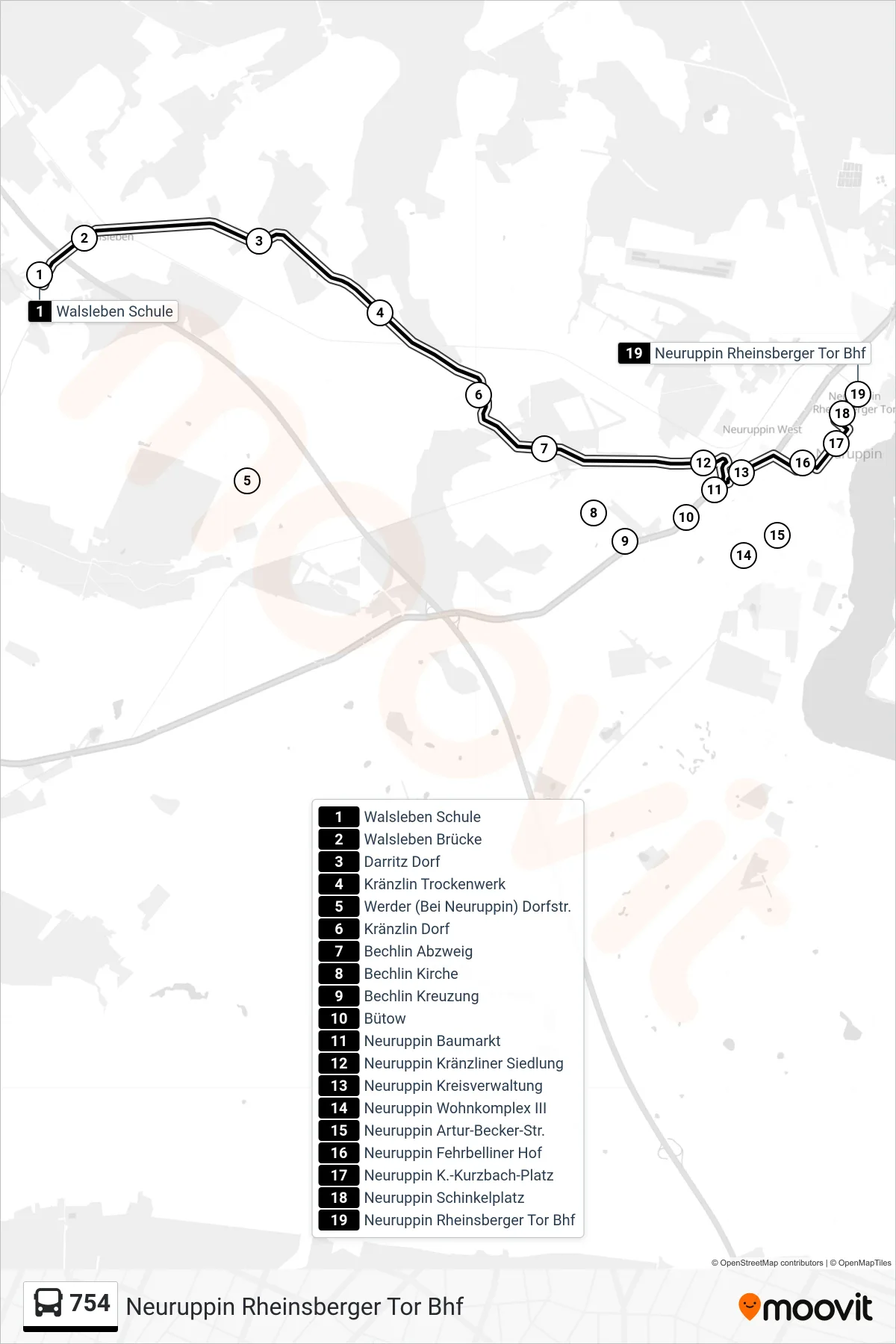 Linie 754 (Bus) Richtung Neuruppin Rheinsberger Tor Bhf: Route und Haltestellen auf der Karte