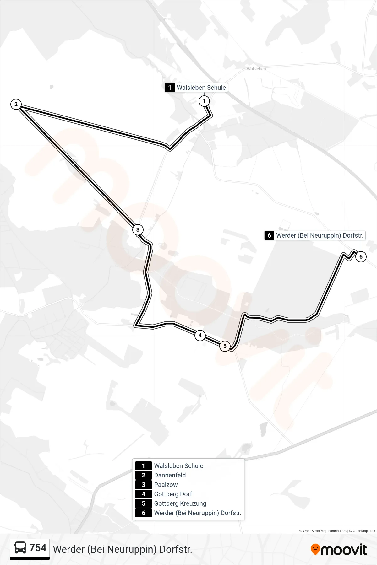 Linie 754 (Bus) Richtung Werder (Bei Neuruppin) Dorfstr.: Route und Haltestellen auf der Karte