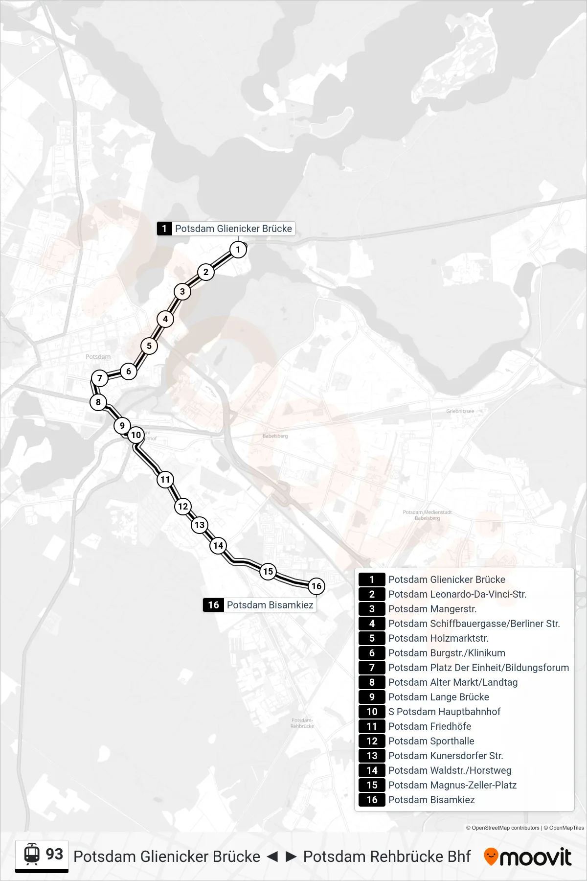 93 light rail Line (Potsdam Bisamkiez) route and stops on a map
