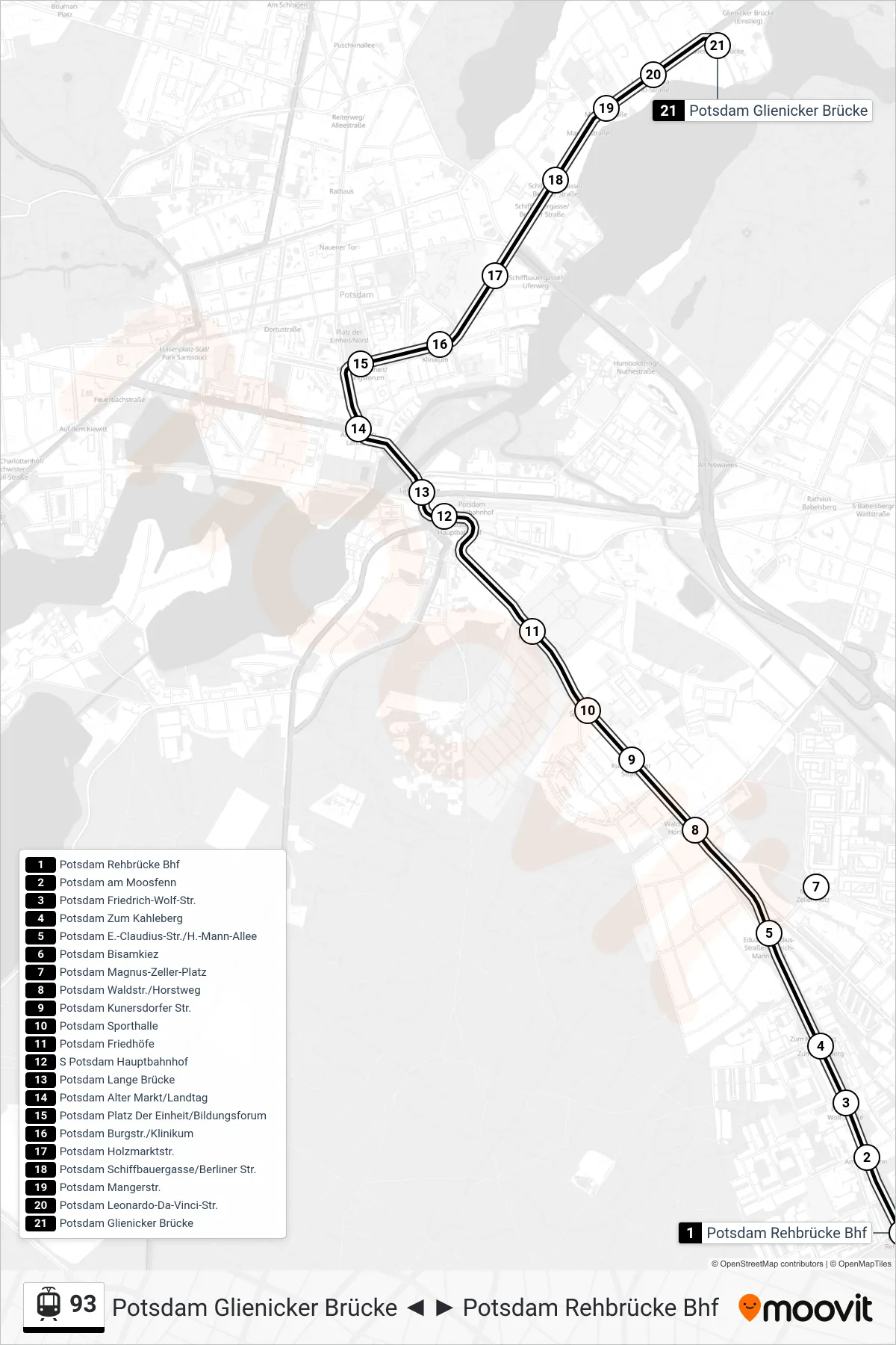 Linie 93 (Straßenbahn) Richtung Potsdam Glienicker Brücke: Route und Haltestellen auf der Karte