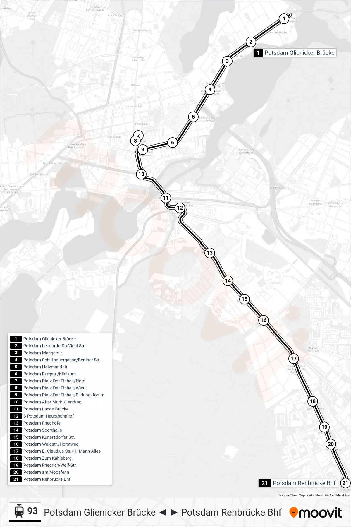 Linie 93 (Straßenbahn) Richtung Potsdam Rehbrücke Bhf: Route und Haltestellen auf der Karte