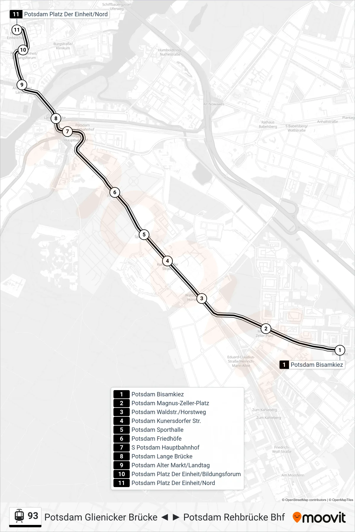 Linie 93 (Straßenbahn) Richtung Potsdam Platz Der Einheit/Nord: Route und Haltestellen auf der Karte