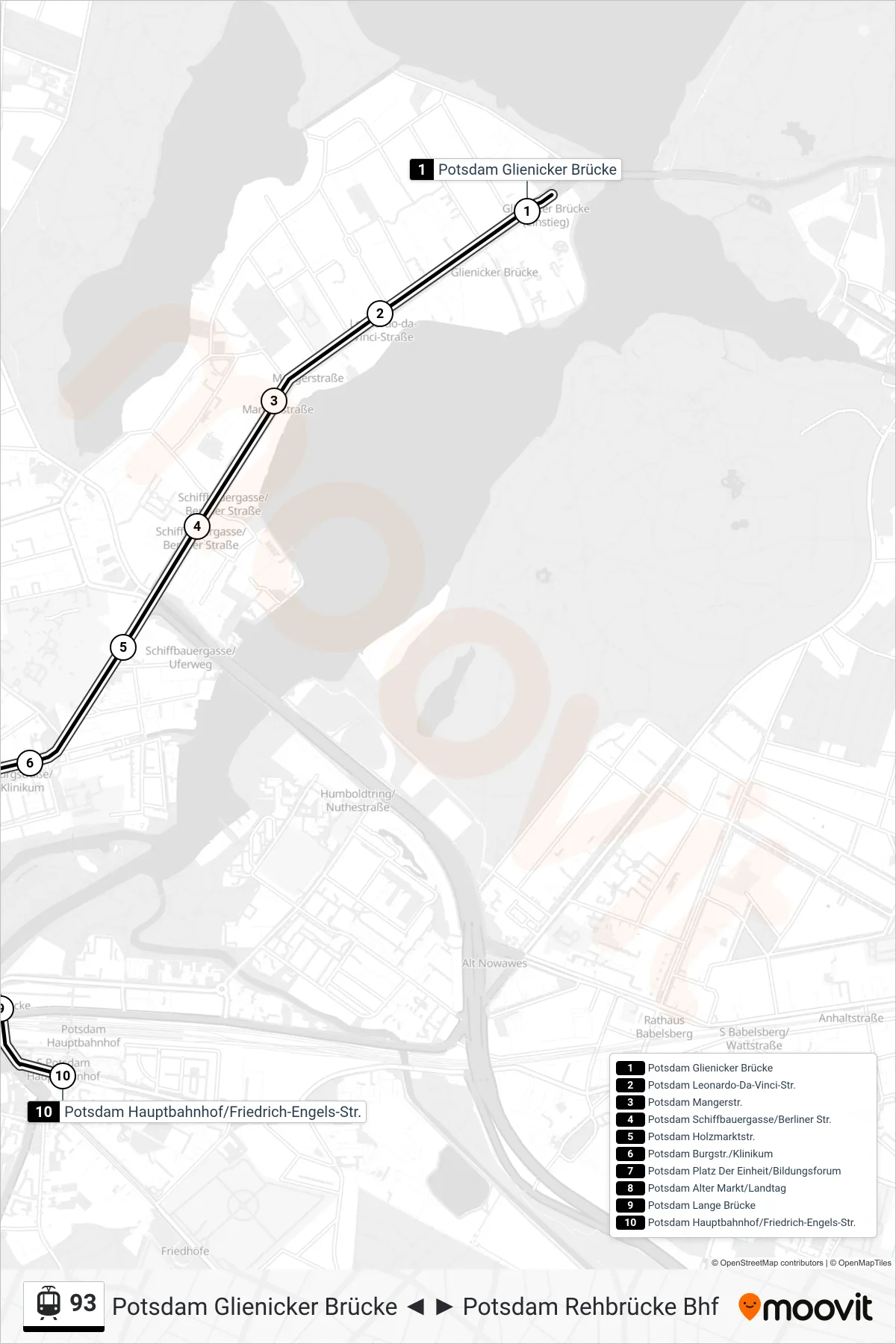 Linie 93 (Straßenbahn) Richtung Potsdam Hauptbahnhof/Friedrich-Engels-Str.: Route und Haltestellen auf der Karte