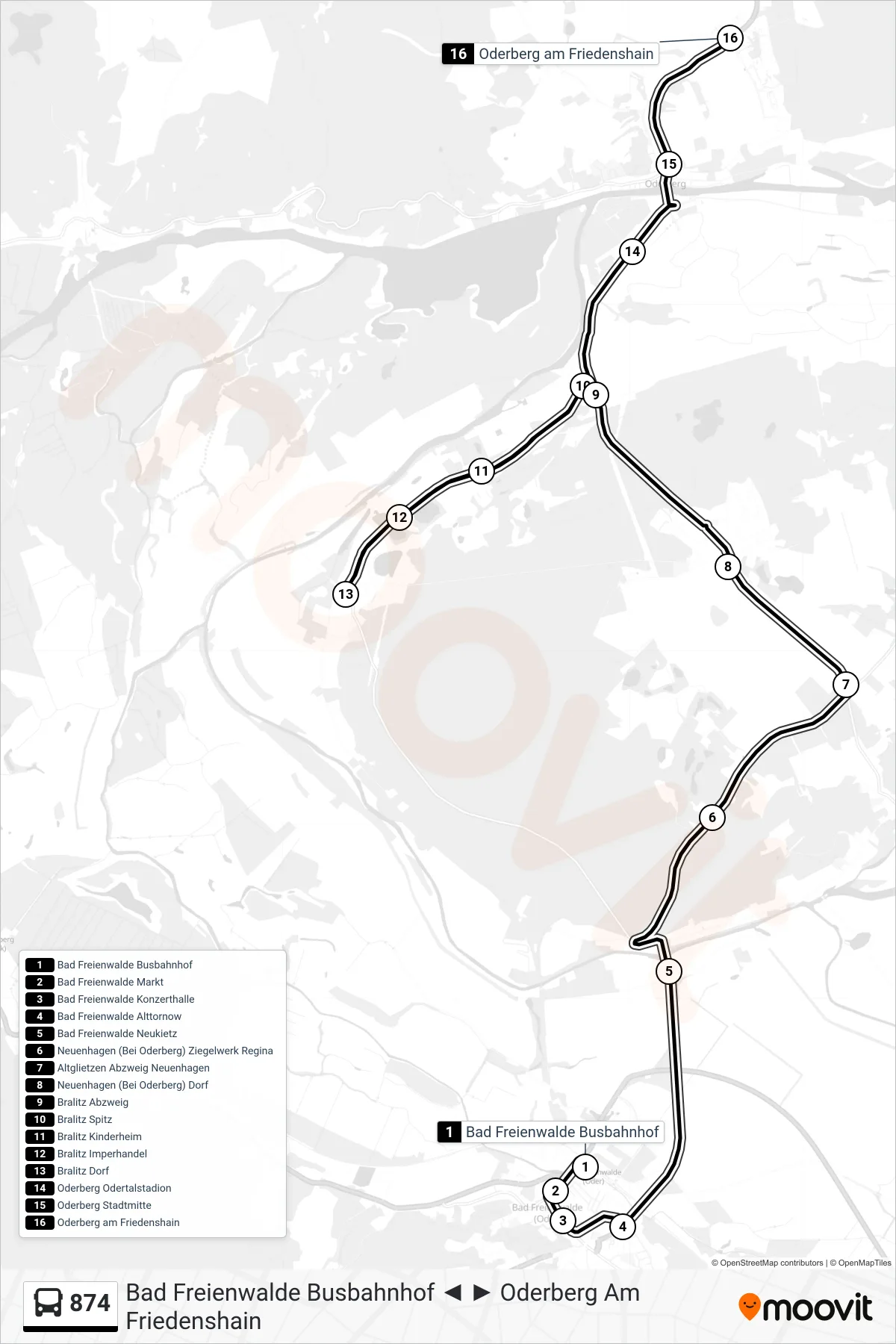 Linie 874 (Bus) Richtung Oderberg am Friedenshain: Route und Haltestellen auf der Karte