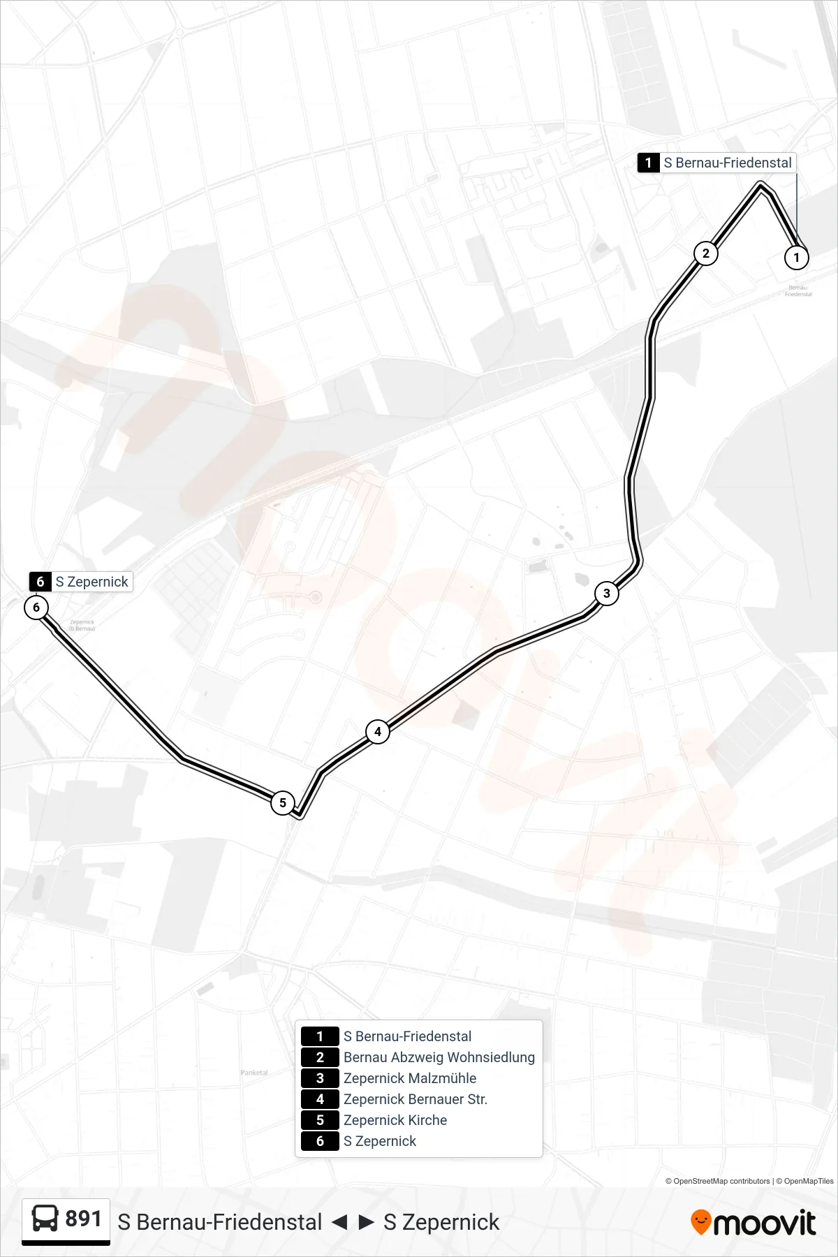 891 bus Line (S Zepernick) route and stops on a map