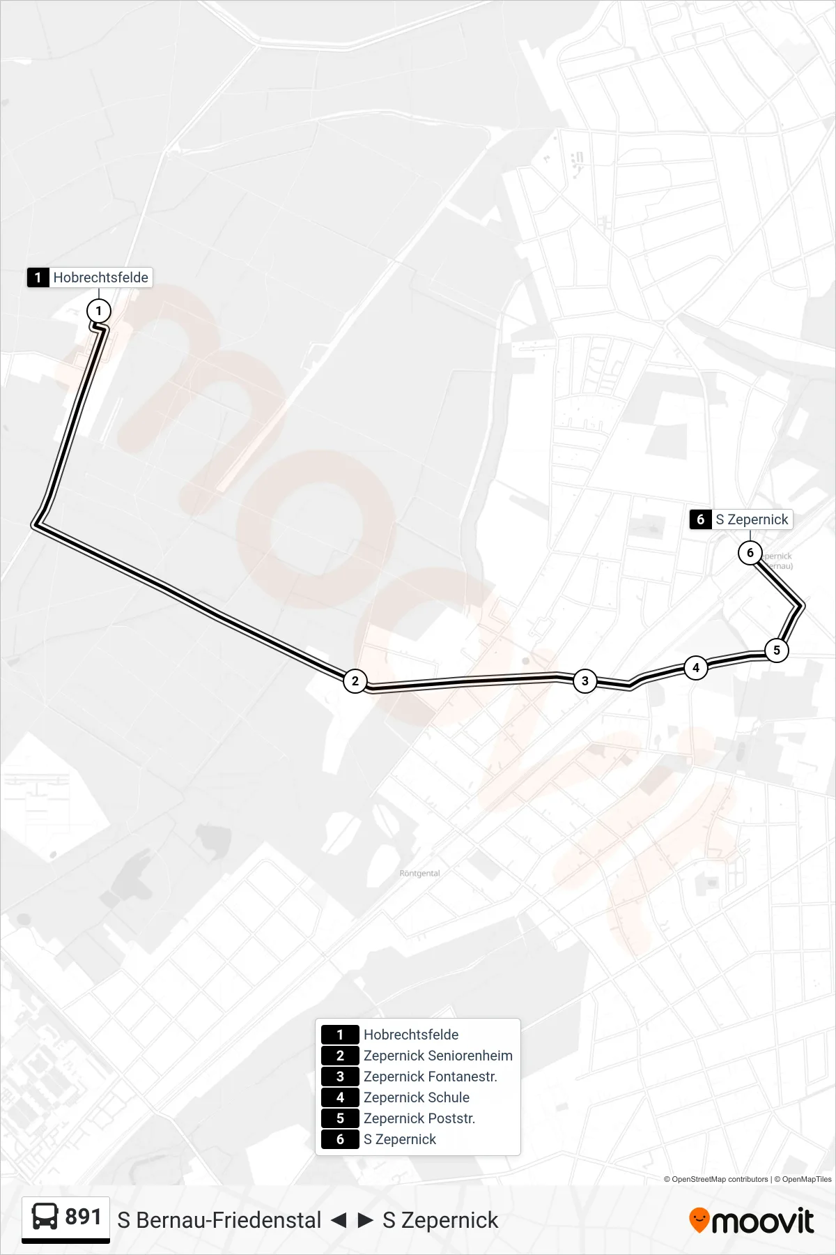 Linie 891 (Bus) Richtung S Zepernick: Route und Haltestellen auf der Karte
