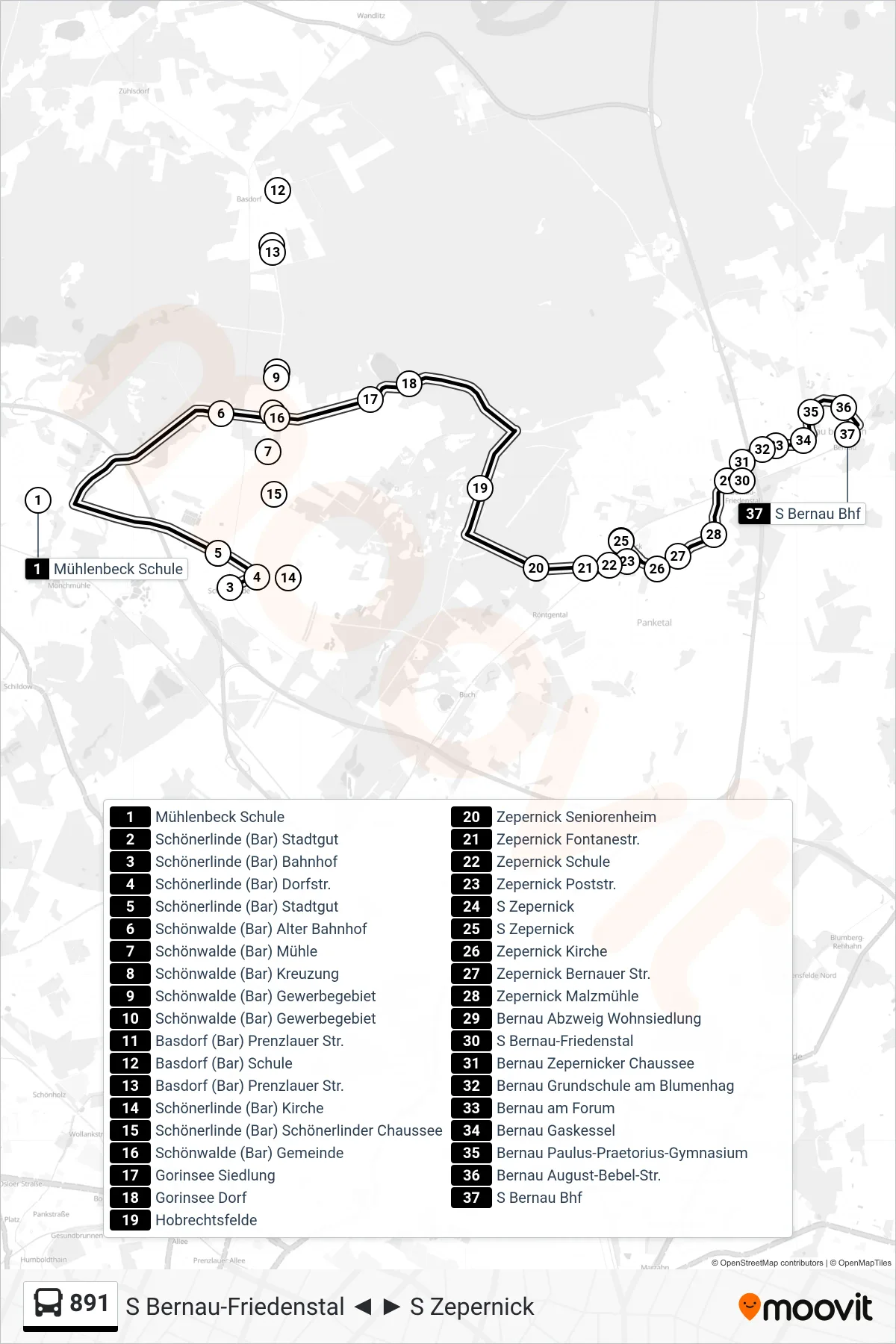 Linie 891 (Bus) Richtung S Bernau Bhf: Route und Haltestellen auf der Karte