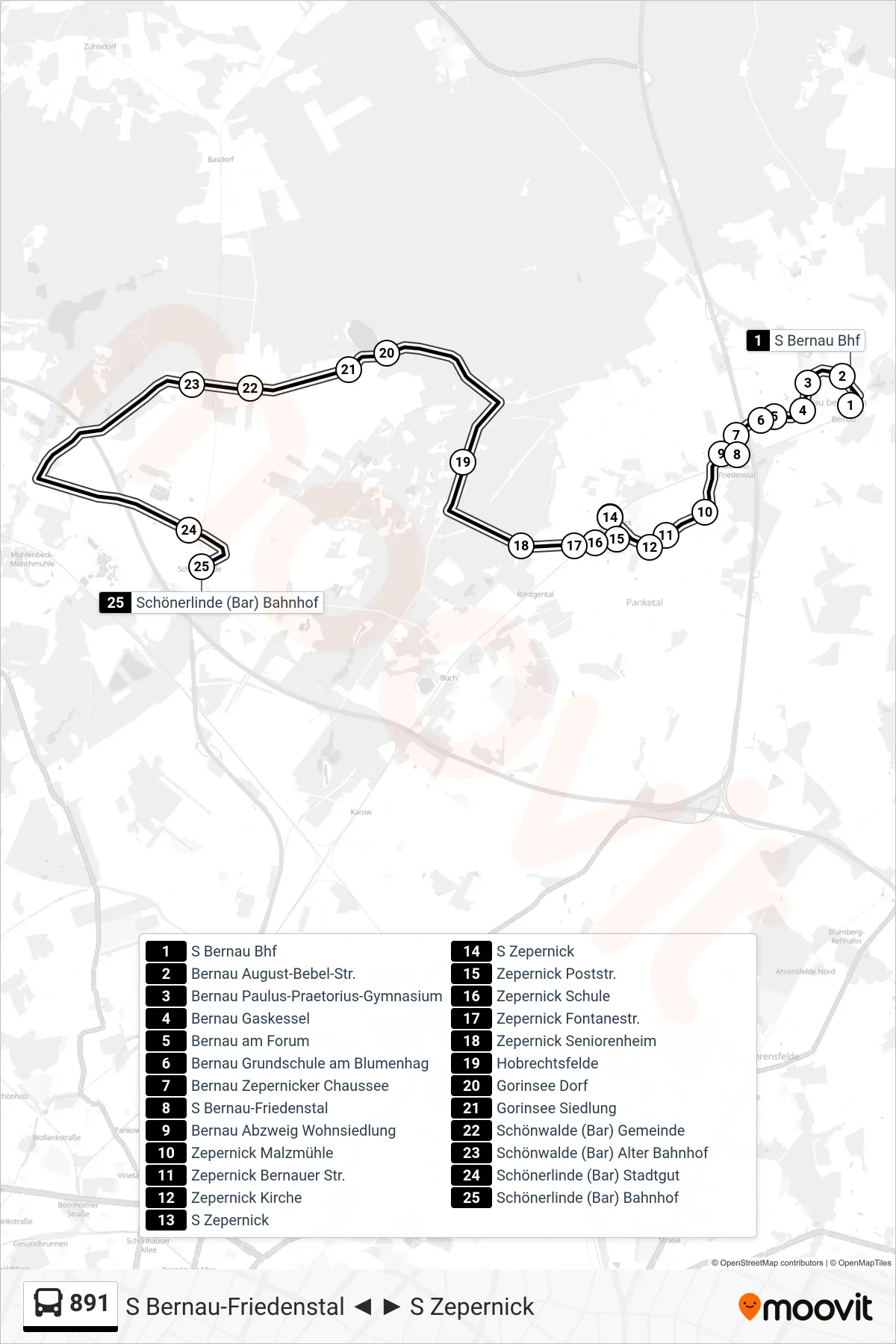 Linie 891 (Bus) Richtung Schönerlinde (Bar) Bahnhof: Route und Haltestellen auf der Karte
