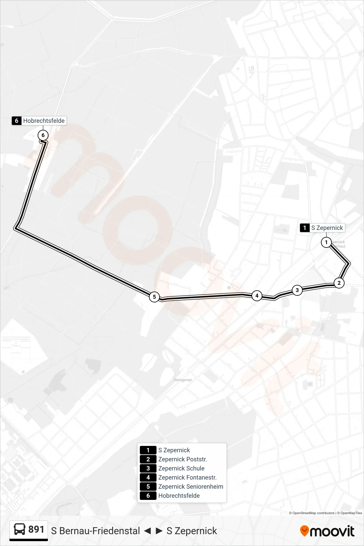 Linie 891 (Bus) Richtung Hobrechtsfelde: Route und Haltestellen auf der Karte