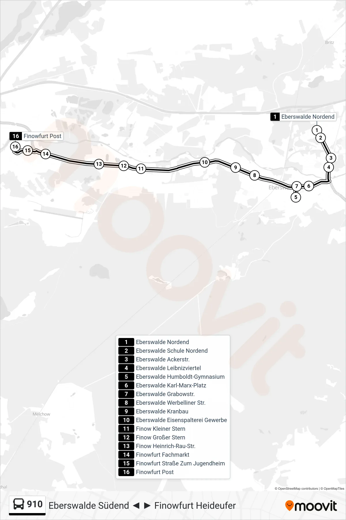 Linie 910 (Bus) Richtung Finowfurt Post: Route und Haltestellen auf der Karte