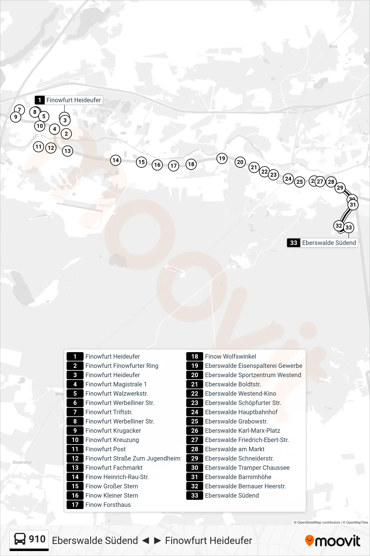 910 bus Line (Eberswalde Südend) route and stops on a map
