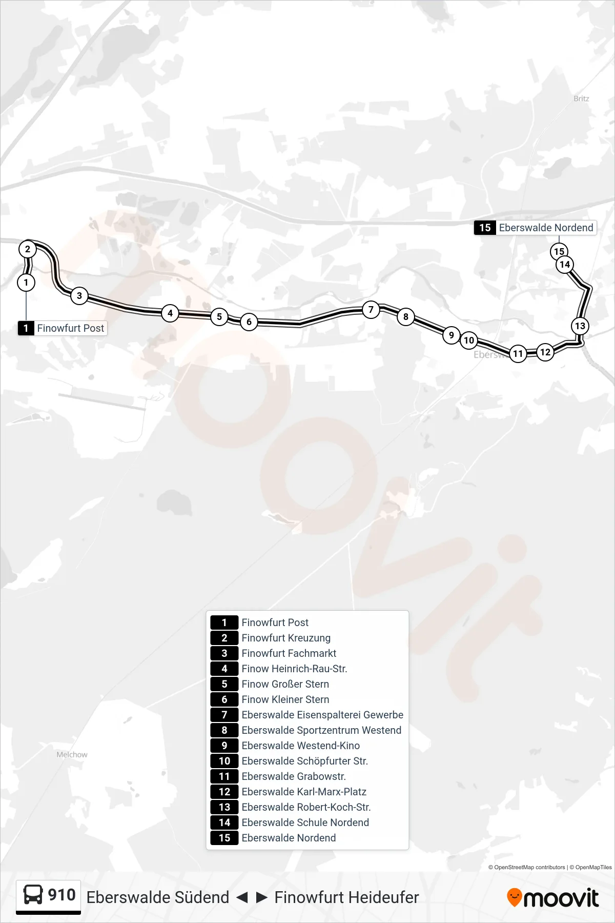 Linie 910 (Bus) Richtung Eberswalde Nordend: Route und Haltestellen auf der Karte