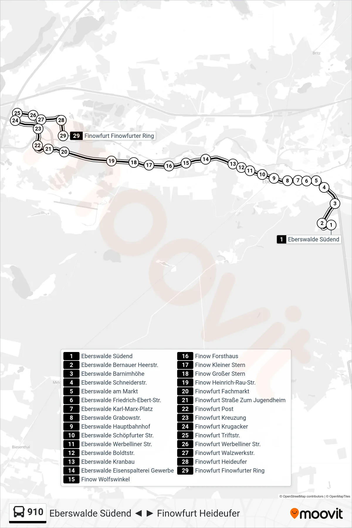 910 bus Line (Finowfurt Finowfurter Ring) route and stops on a map