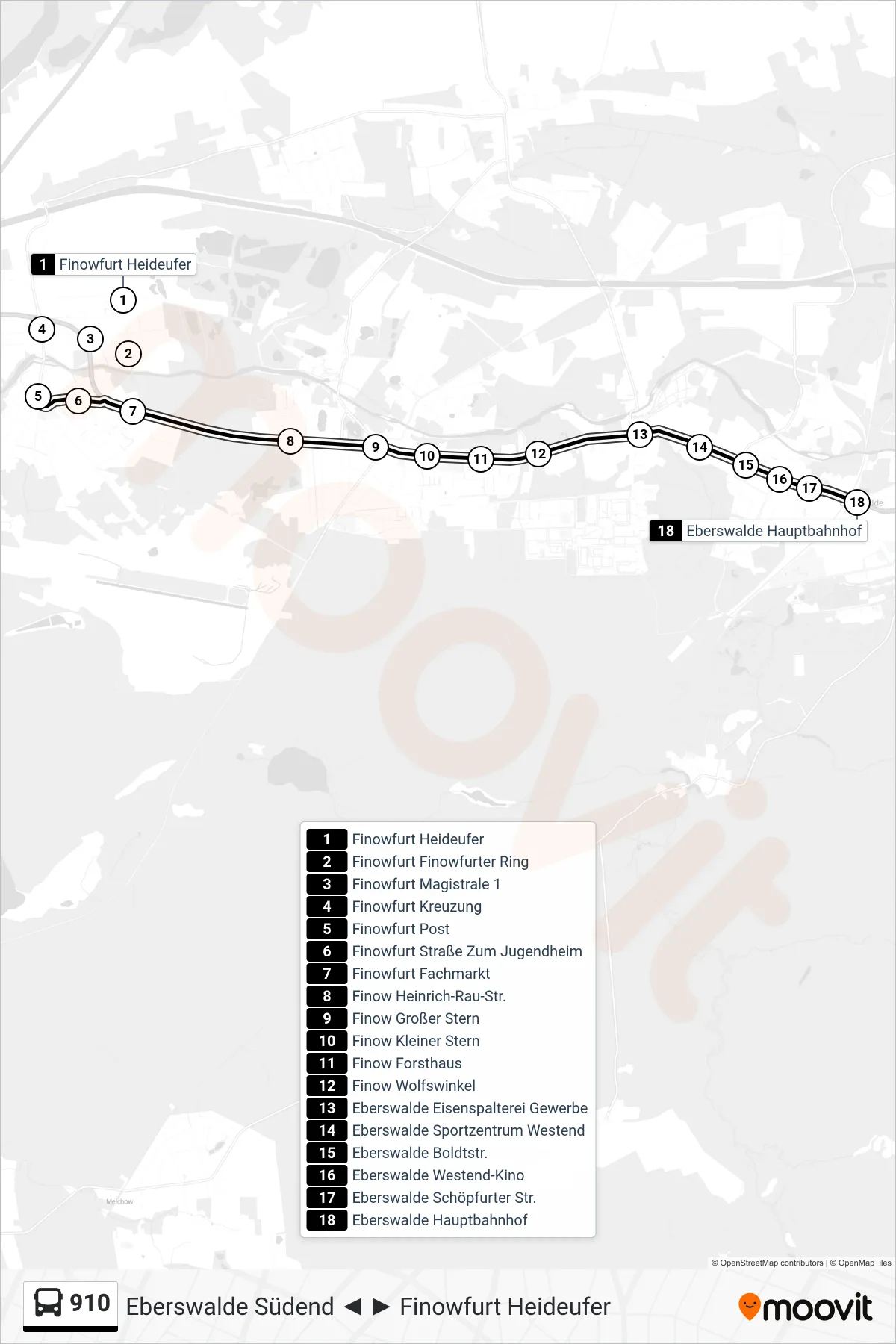 Linie 910 (Bus) Richtung Eberswalde Hauptbahnhof: Route und Haltestellen auf der Karte