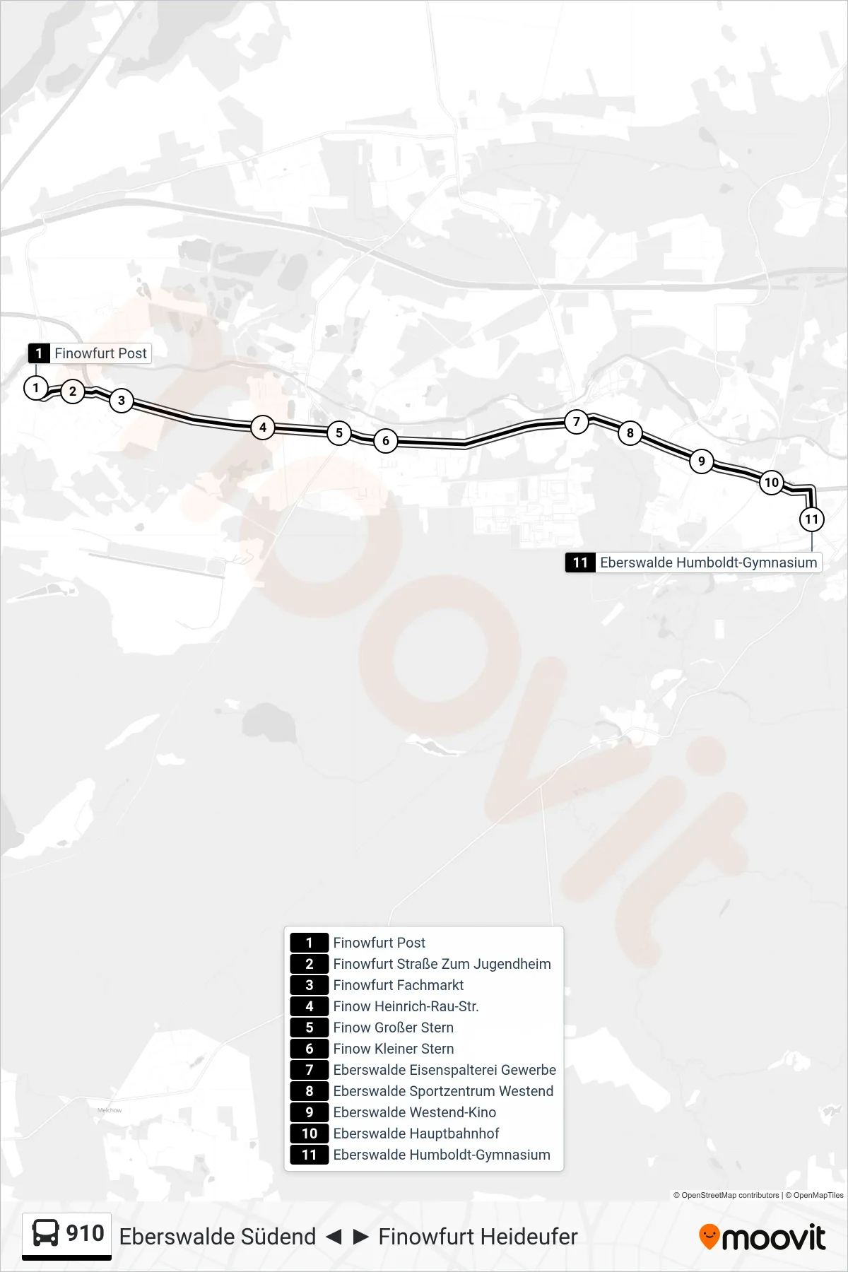 910 bus Line (Eberswalde Humboldt-Gymnasium) route and stops on a map