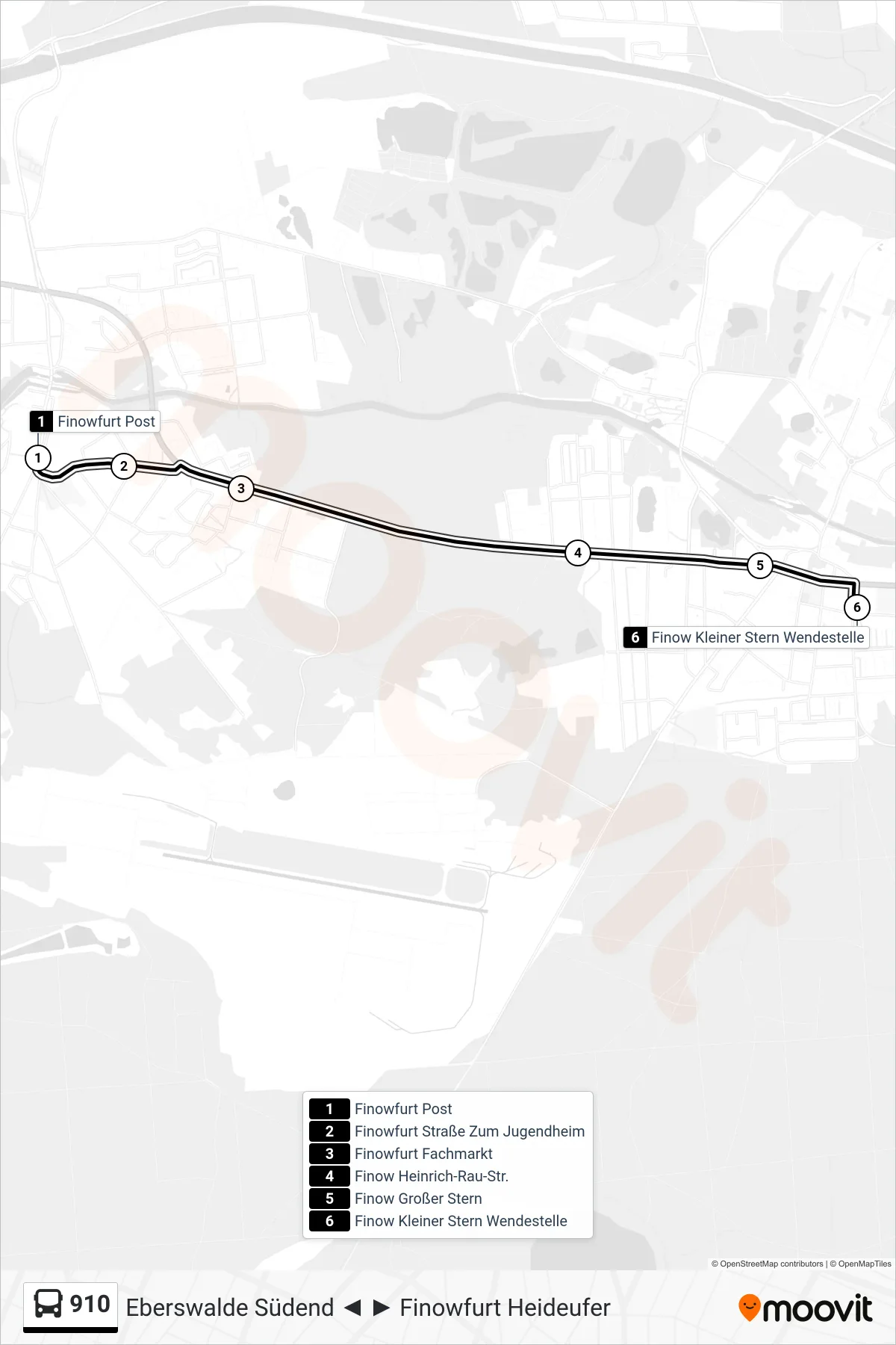 Linie 910 (Bus) Richtung Finow Kleiner Stern Wendestelle: Route und Haltestellen auf der Karte