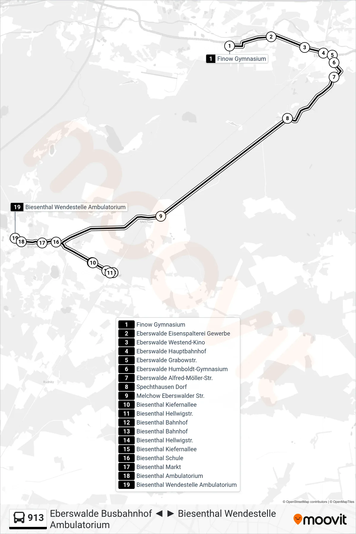 Linie 913 (Bus) Richtung Biesenthal Wendestelle Ambulatorium: Route und Haltestellen auf der Karte