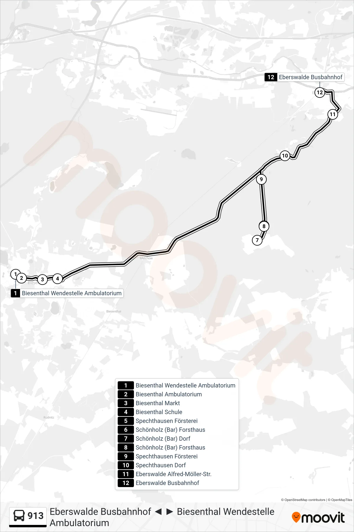 913 bus Line (Eberswalde Busbahnhof) route and stops on a map