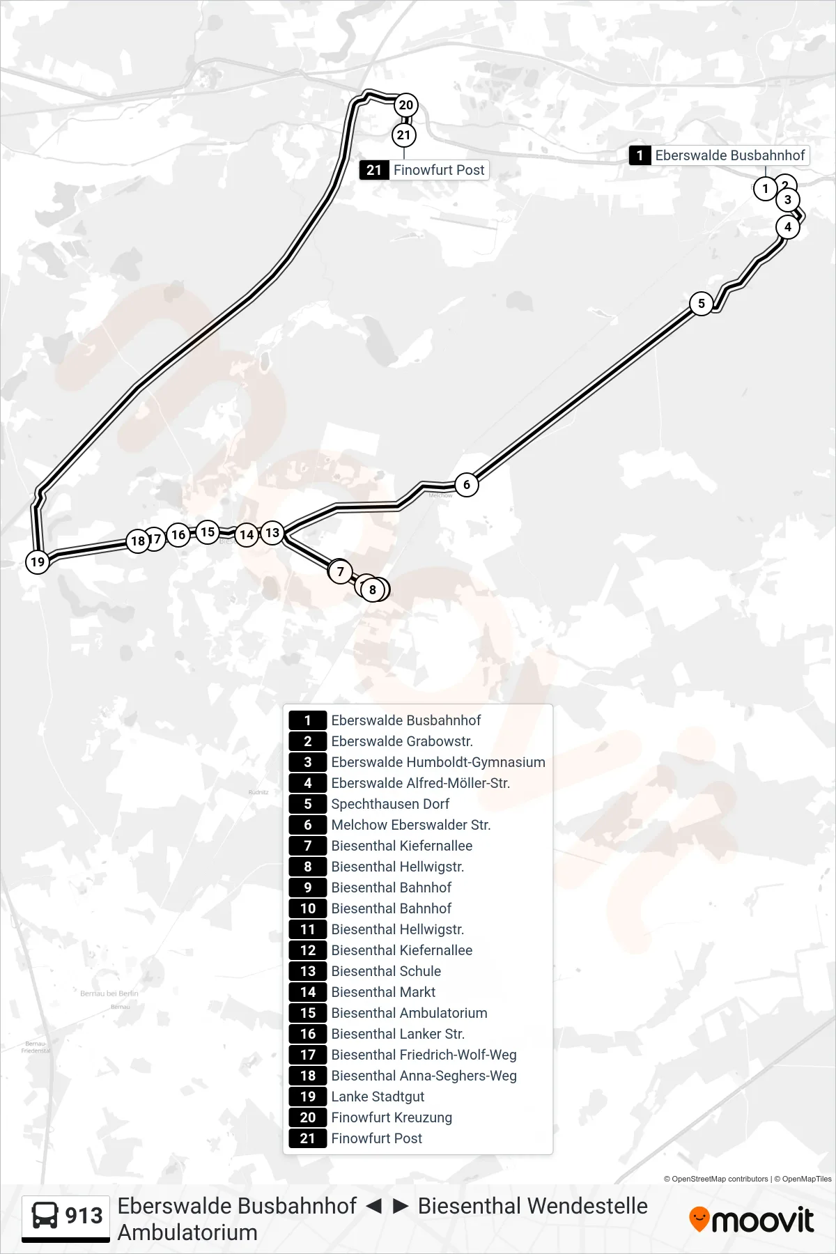 Linie 913 (Bus) Richtung Finowfurt Post: Route und Haltestellen auf der Karte
