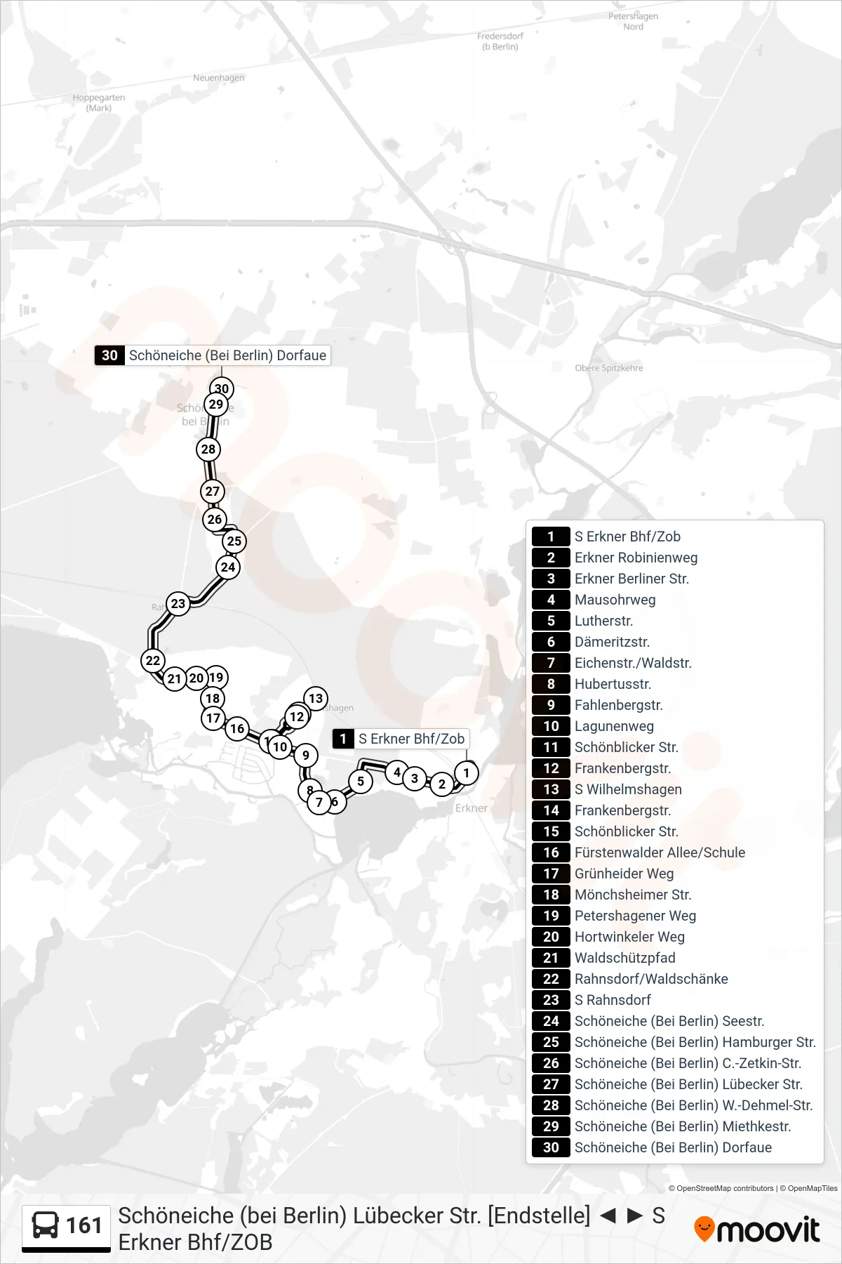 Linie 161 (Bus) Richtung Schöneiche (Bei Berlin) Dorfaue: Route und Haltestellen auf der Karte