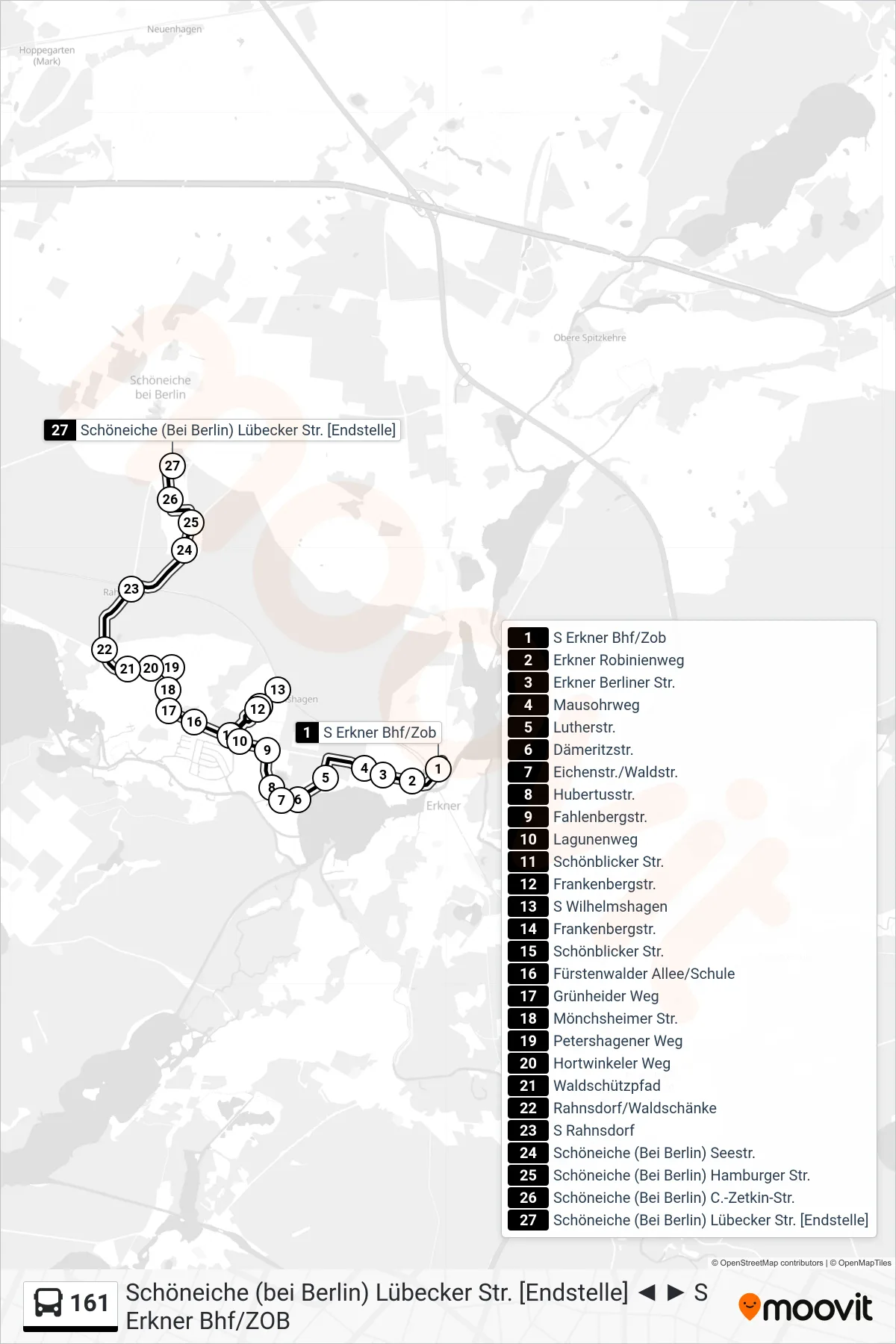 161 bus Line (Schöneiche (Bei Berlin) Lübecker Str. [Endstelle]) route and stops on a map
