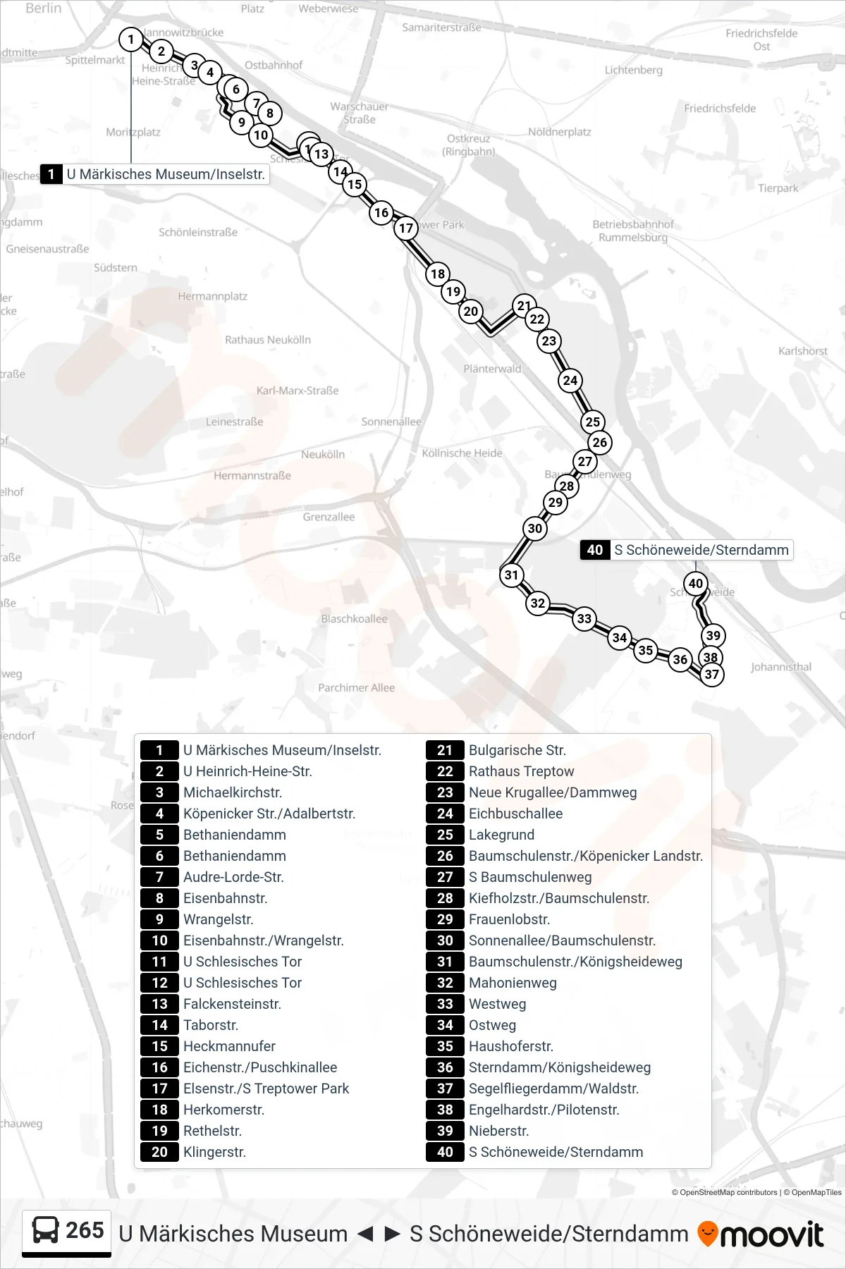 Linie 265 (Bus) Richtung S Schöneweide/Sterndamm: Route und Haltestellen auf der Karte