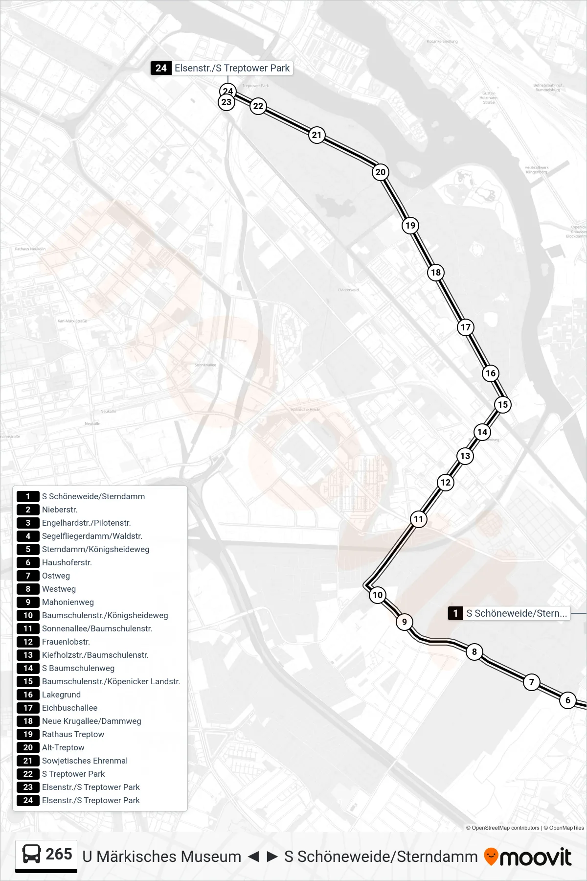 Linie 265 (Bus) Richtung Elsenstr./S Treptower Park: Route und Haltestellen auf der Karte