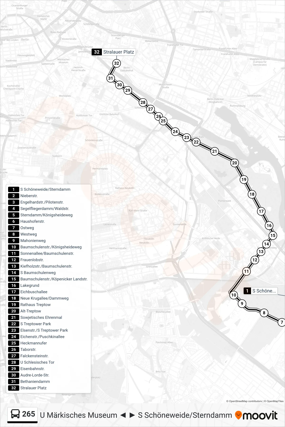 265 bus Line (Stralauer Platz) route and stops on a map