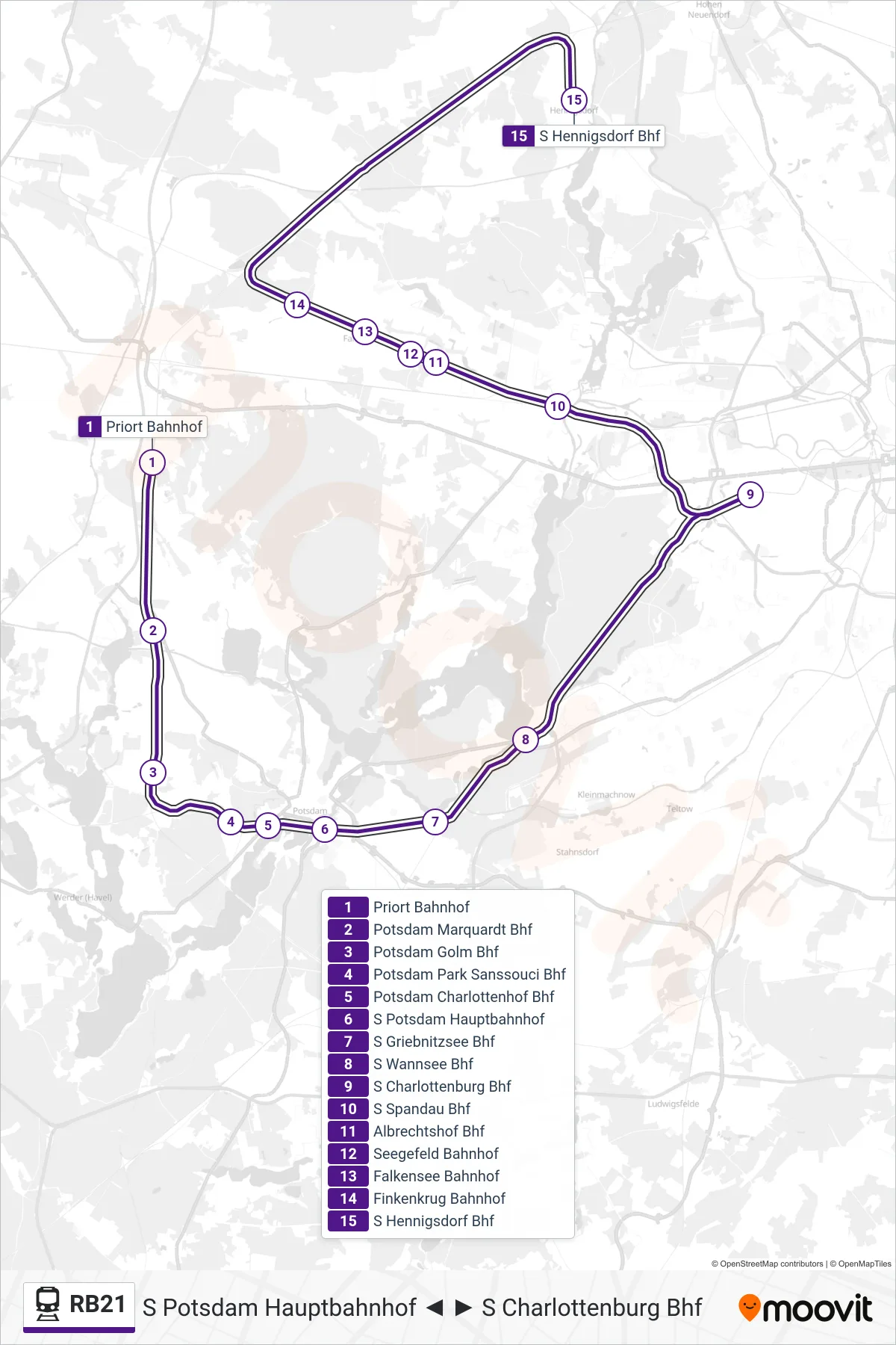 Linie RB21 (Bahn) Richtung S Hennigsdorf Bhf: Route und Haltestellen auf der Karte