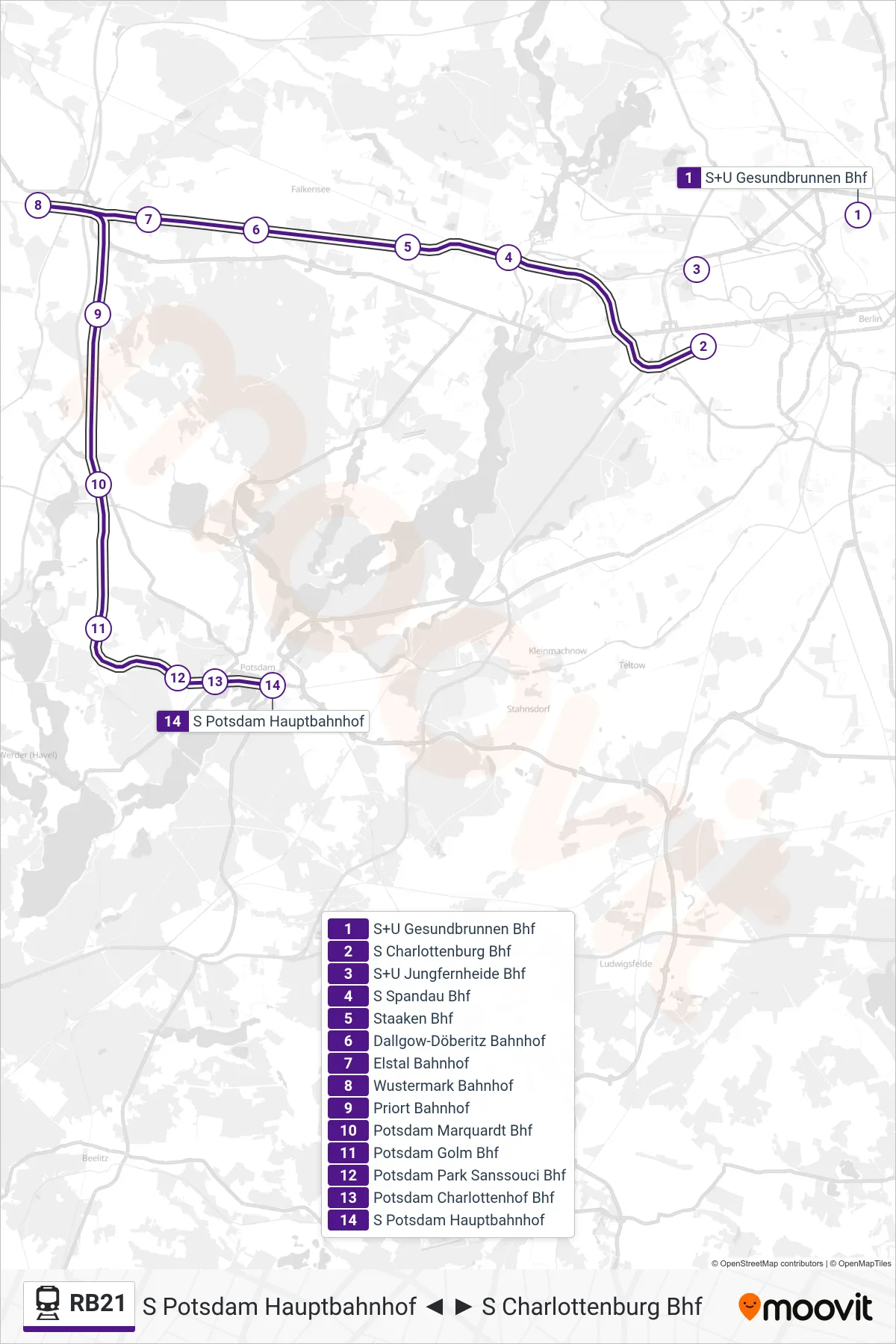 Linie RB21 (Bahn) Richtung S Potsdam Hauptbahnhof: Route und Haltestellen auf der Karte