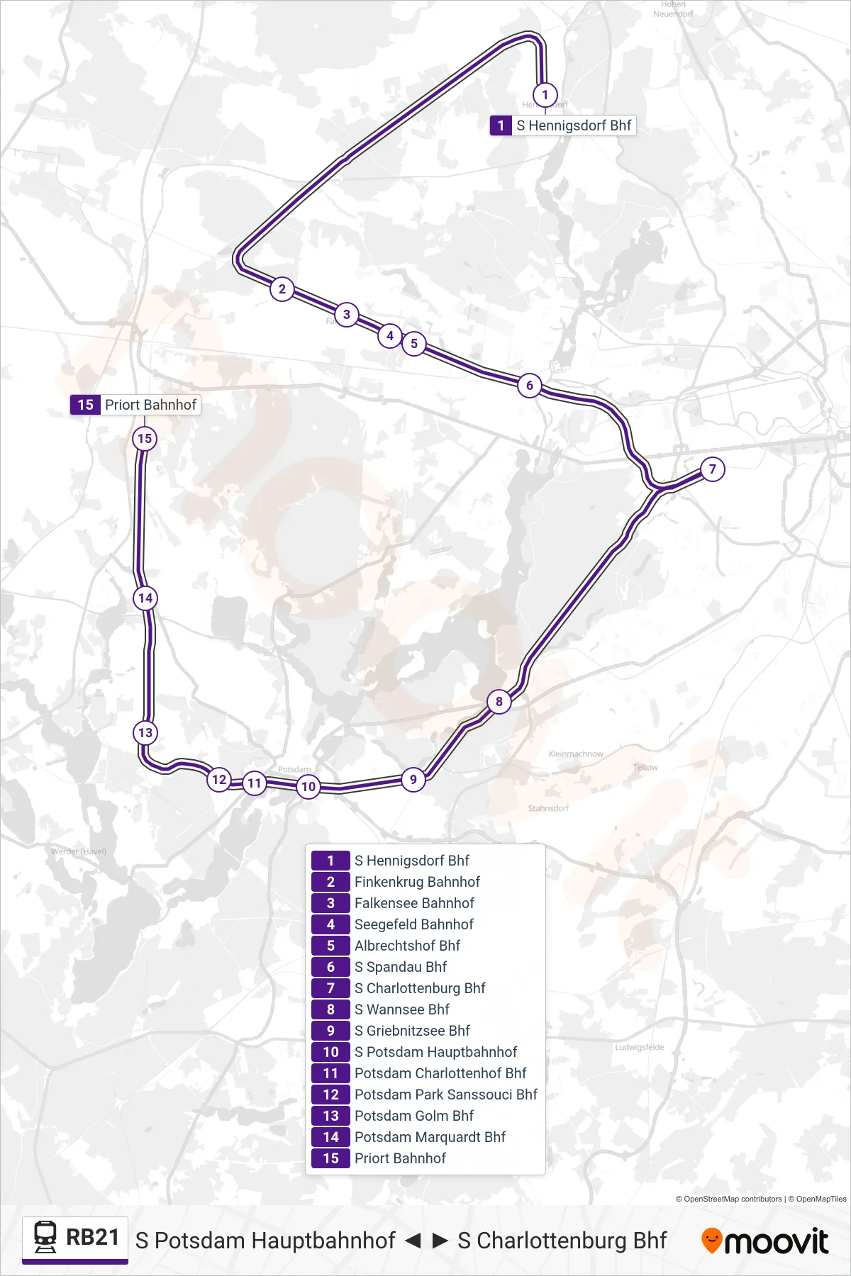 Linie RB21 (Bahn) Richtung Priort Bahnhof: Route und Haltestellen auf der Karte