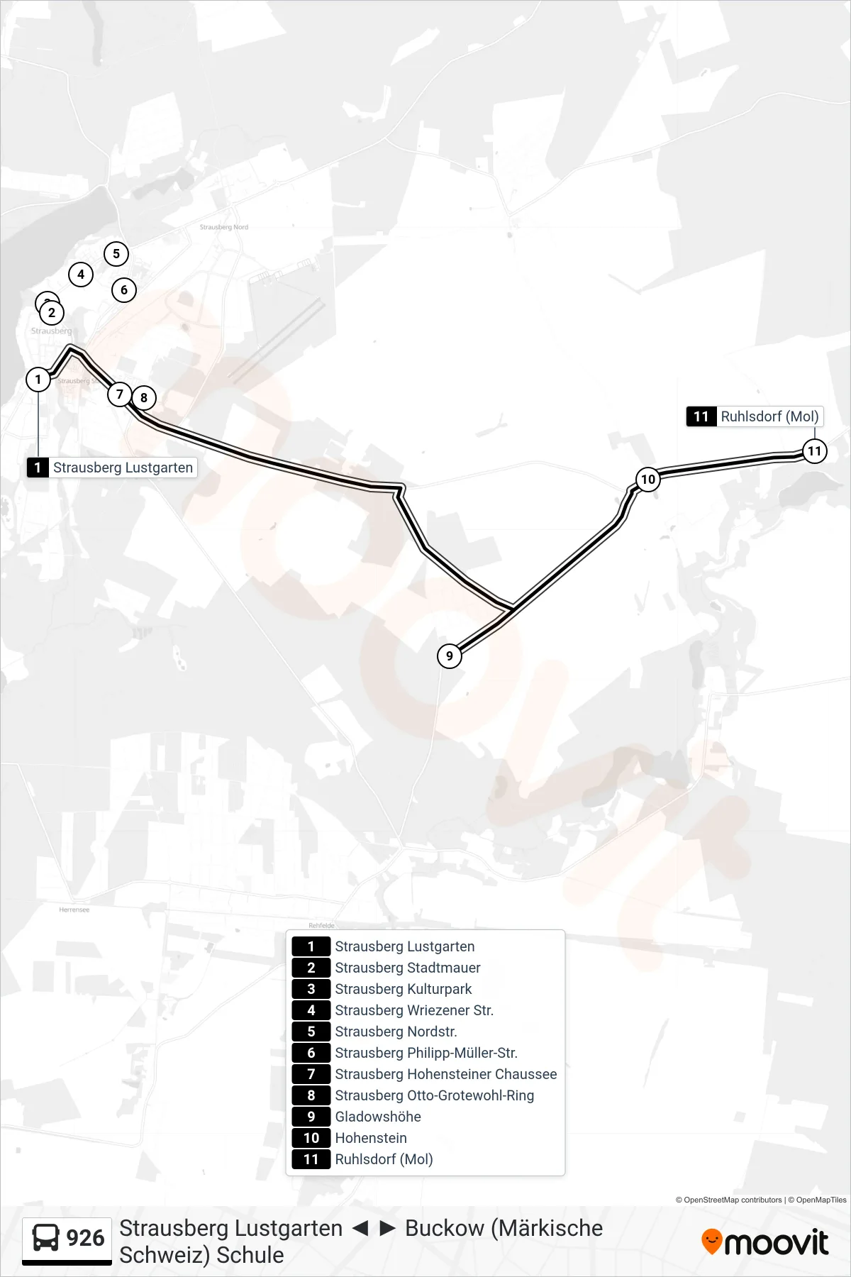 Linie 926 (Bus) Richtung Ruhlsdorf (Mol): Route und Haltestellen auf der Karte