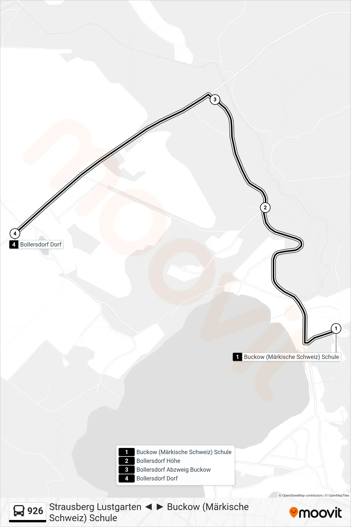 Linie 926 (Bus) Richtung Bollersdorf Dorf: Route und Haltestellen auf der Karte